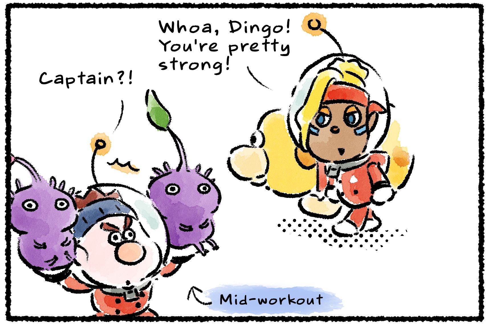 Panel one. Shepherd and Oatchi come upon Dingo, who is lifting a Purple Pikmin in each hand, with descriptive text that reads, "Mid-workout". "Captain?!" Dingo says. "Whoa, Dingo!" Shepherd says. "You're pretty strong!"