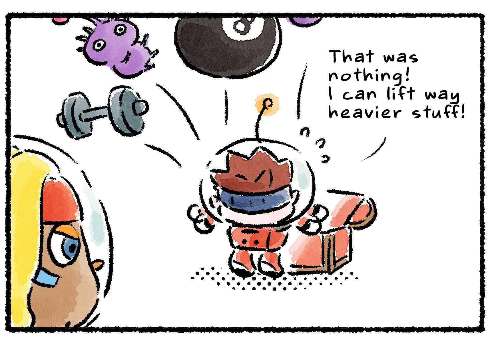Panel two. "That was nothing!" Dingo says. "I can lift way heavier stuff!" Shepherd watches as Dingo tosses the Purple Pikmin aside and begins pulling heavy objects out of a box: an 8-ball, a dumbbell...