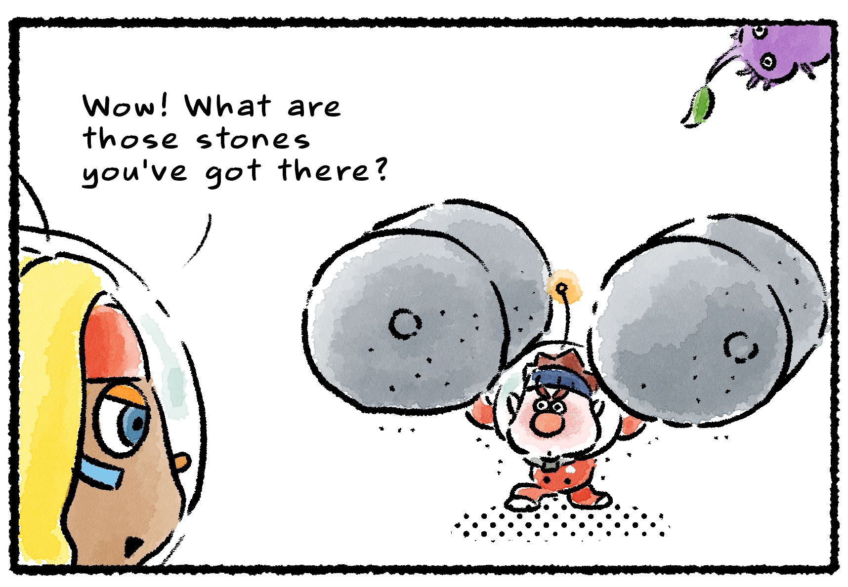 Panel three. Dingo now hefts two round stones that are obviously a Waterwraith's rollers. "Wow!" Shepherd says. "What are those stones you're lifting?"