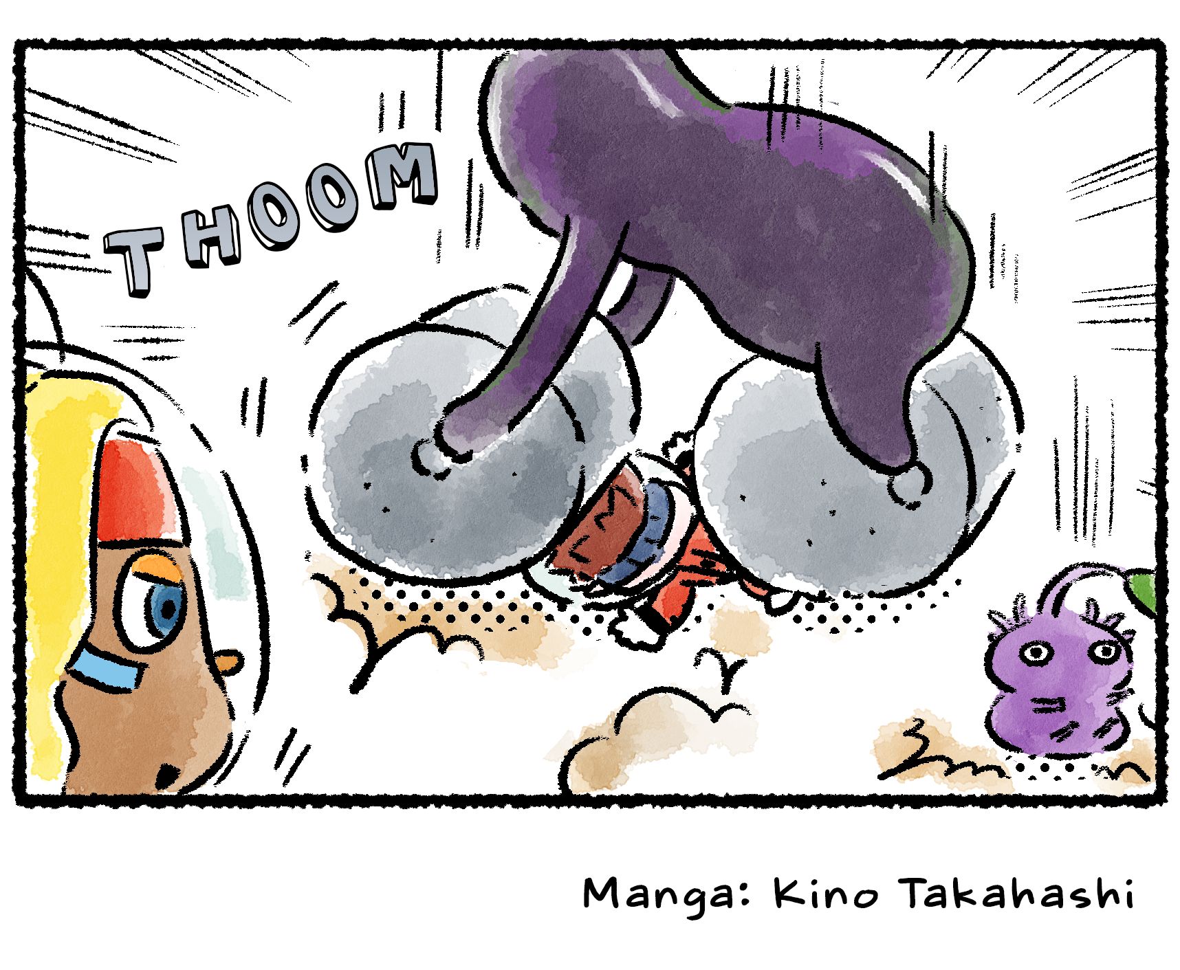 Panel four. The purple Waterwraith from the previous strip comes crashing down onto the rollers, crushing Dingo underneath them.