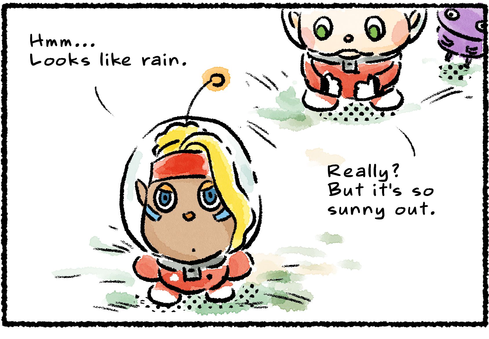 Panel one. Shepherd looks to the sky and says, "Hmm... Looks like rain." Collin, partially off-panel, says, "Really? But it's so sunny out."