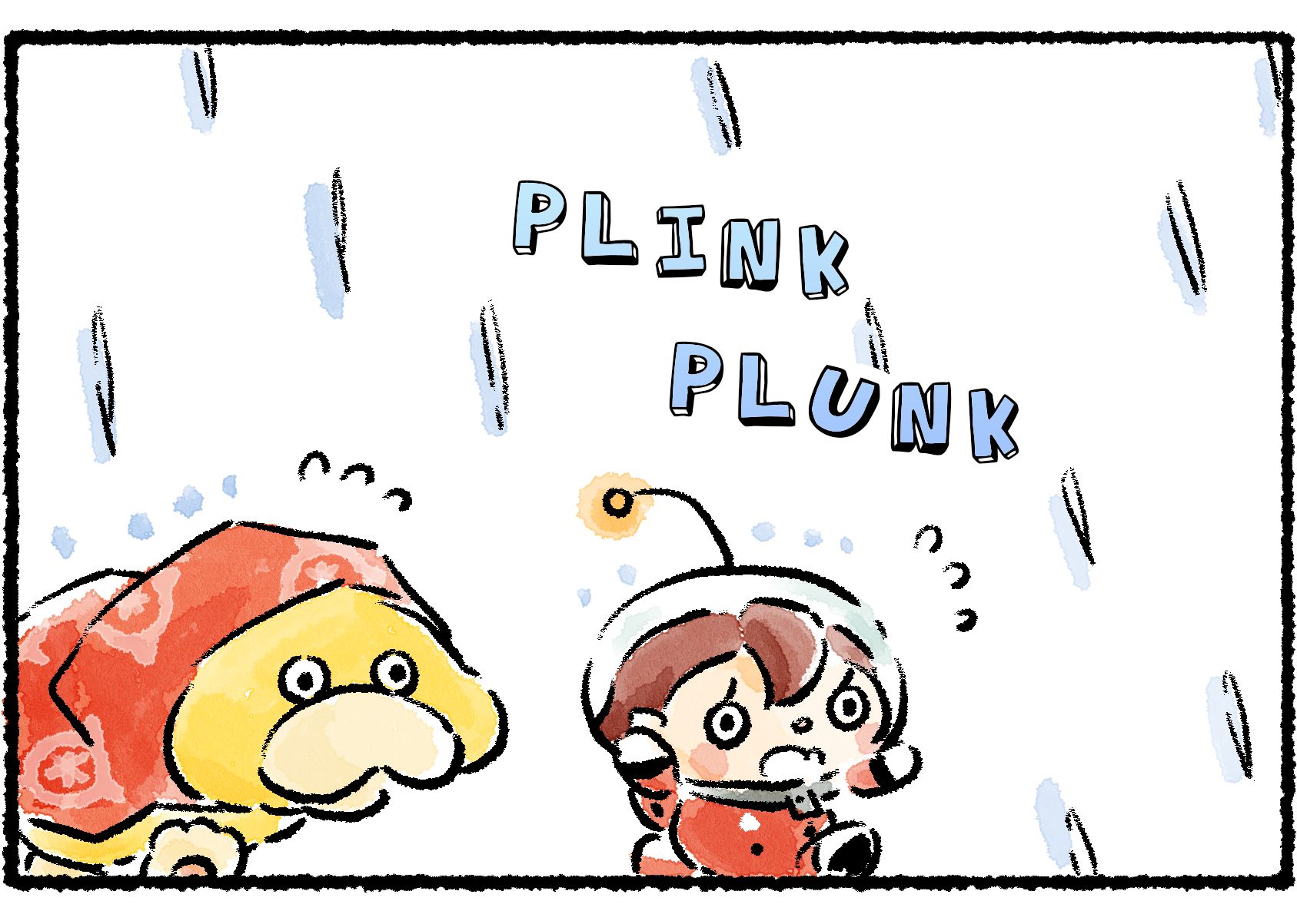 Panel two. A Rescue Officer and Oatchi are caught in heavy rain. Oatchi takes cover under a poncho.