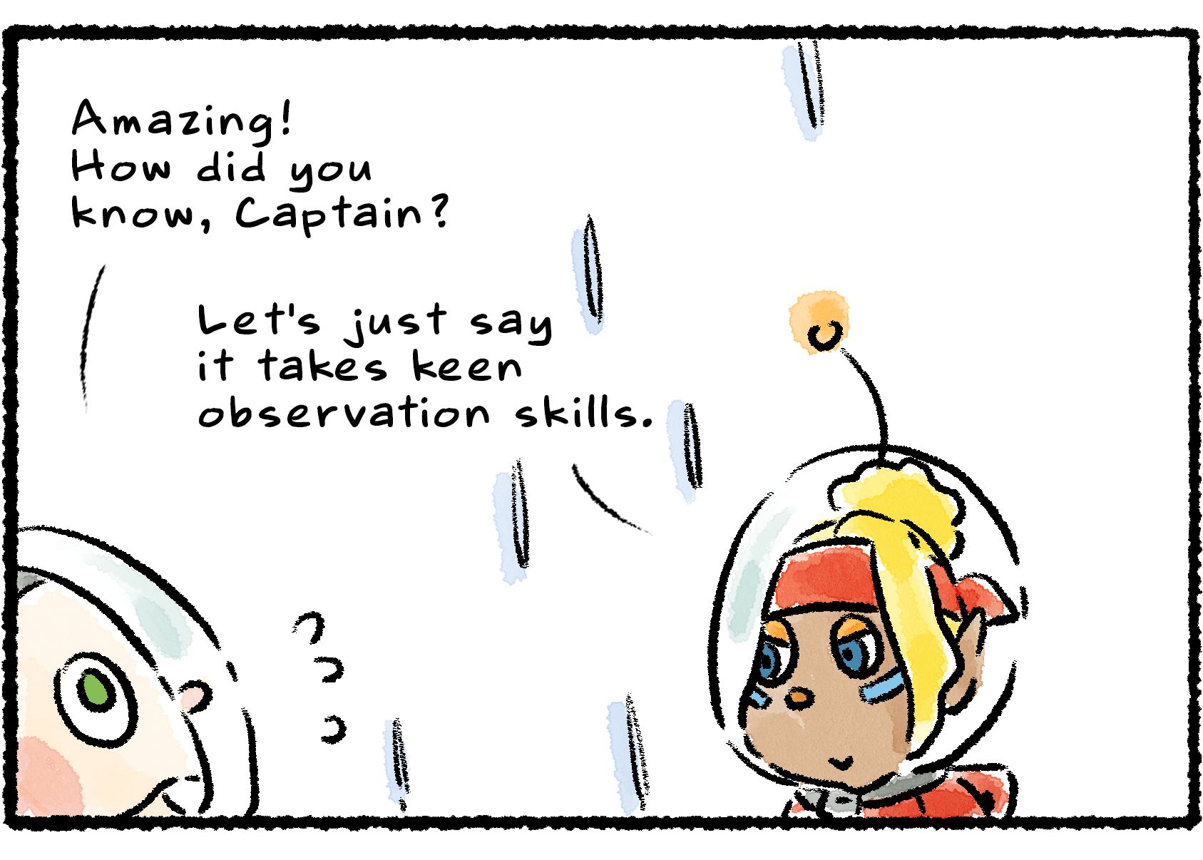 Panel three. "Amazing!" Collin says, looking to Shepherd as rain continues falling around them. "How did you know, Captain?" Shepherd says, "Let's just say it takes keen observation skills."