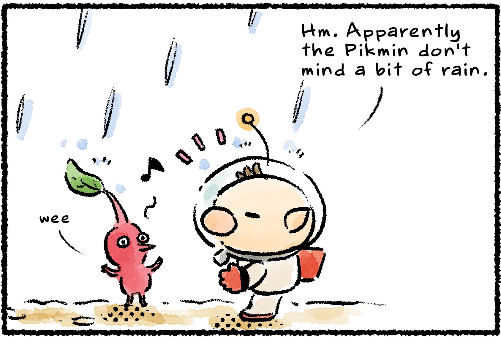 Panel one. Olimar observes a Red Pikmin singing in the rain. "Hm," he says. "Looks like the Pikmin don't mind a bit of rain."