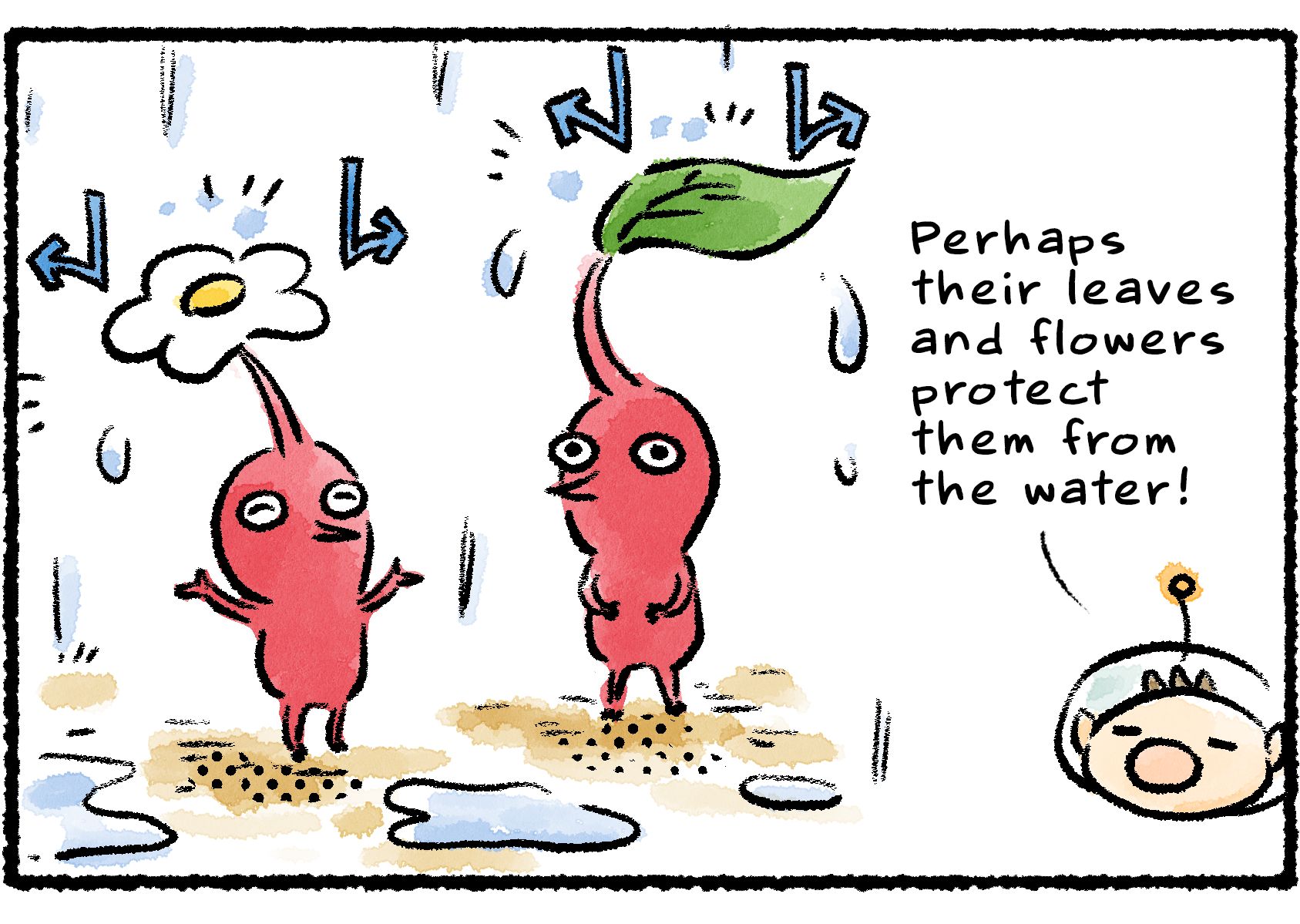 Panel two. Two Red Pikmin, one with a leaf and the other with a flower, stand happily in the rain. Inset, Olimar observes: "Perhaps their leaves and flowers protect them from the water!"