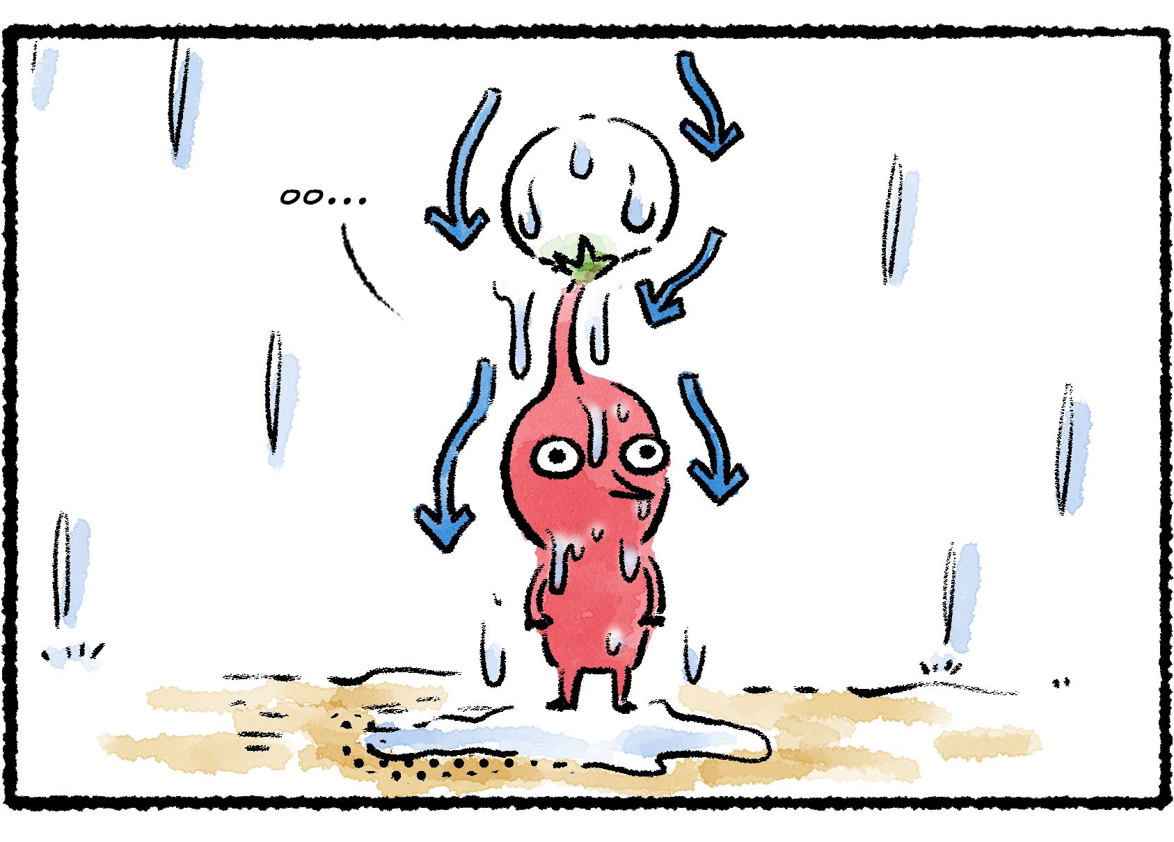 Panel three. A Red Pikmin with the misfortune to be in the Bud stage stands miserably in the rain as the bud, rather than providing shelter, directs the water flow down onto the Pikmin's body and renders it soaking wet.