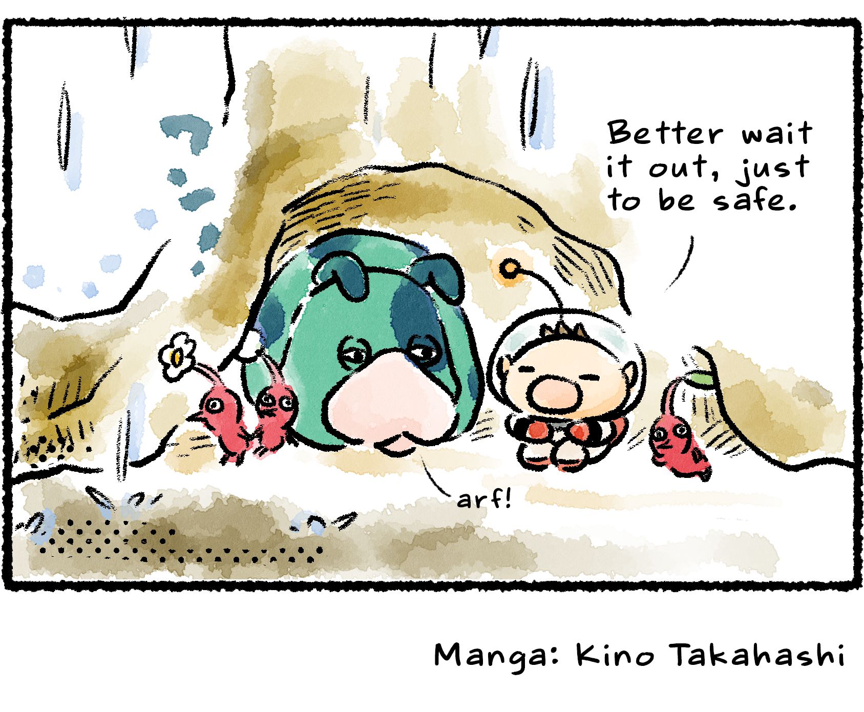 Panel four. Olimar, Moss, and several Red Pikmin take shelter in a cave. "Better wait it out, just to be safe," Olimar says.