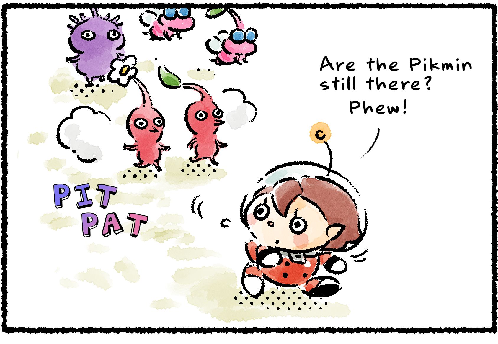 Panel one.  A Rescue Officer leading a group of Pikmin continually checks over her shoulder. "Are the Pikmin still there?" she says. "Phew!"