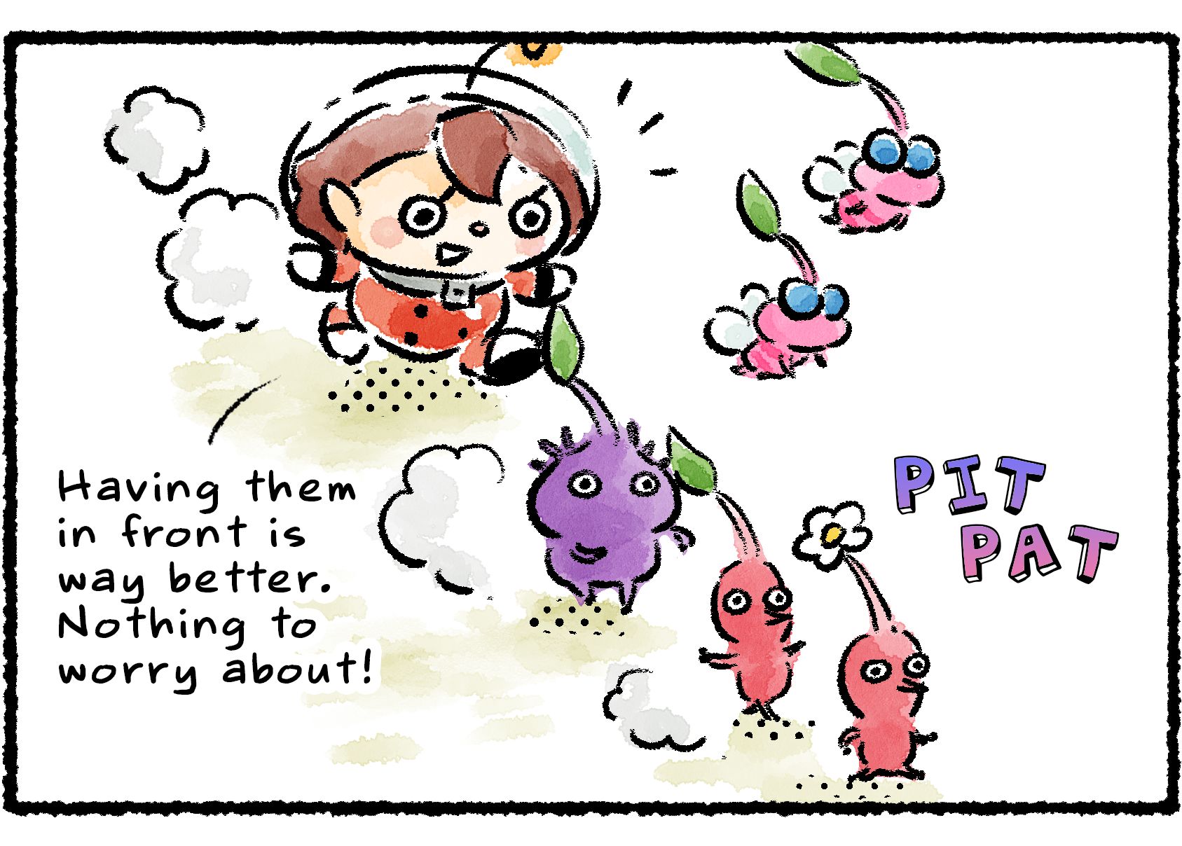 Panel two. The Rescue Officer decides to let the Pikmin go in front. "Having them in front is way better," she says. "Nothing to worry about!"