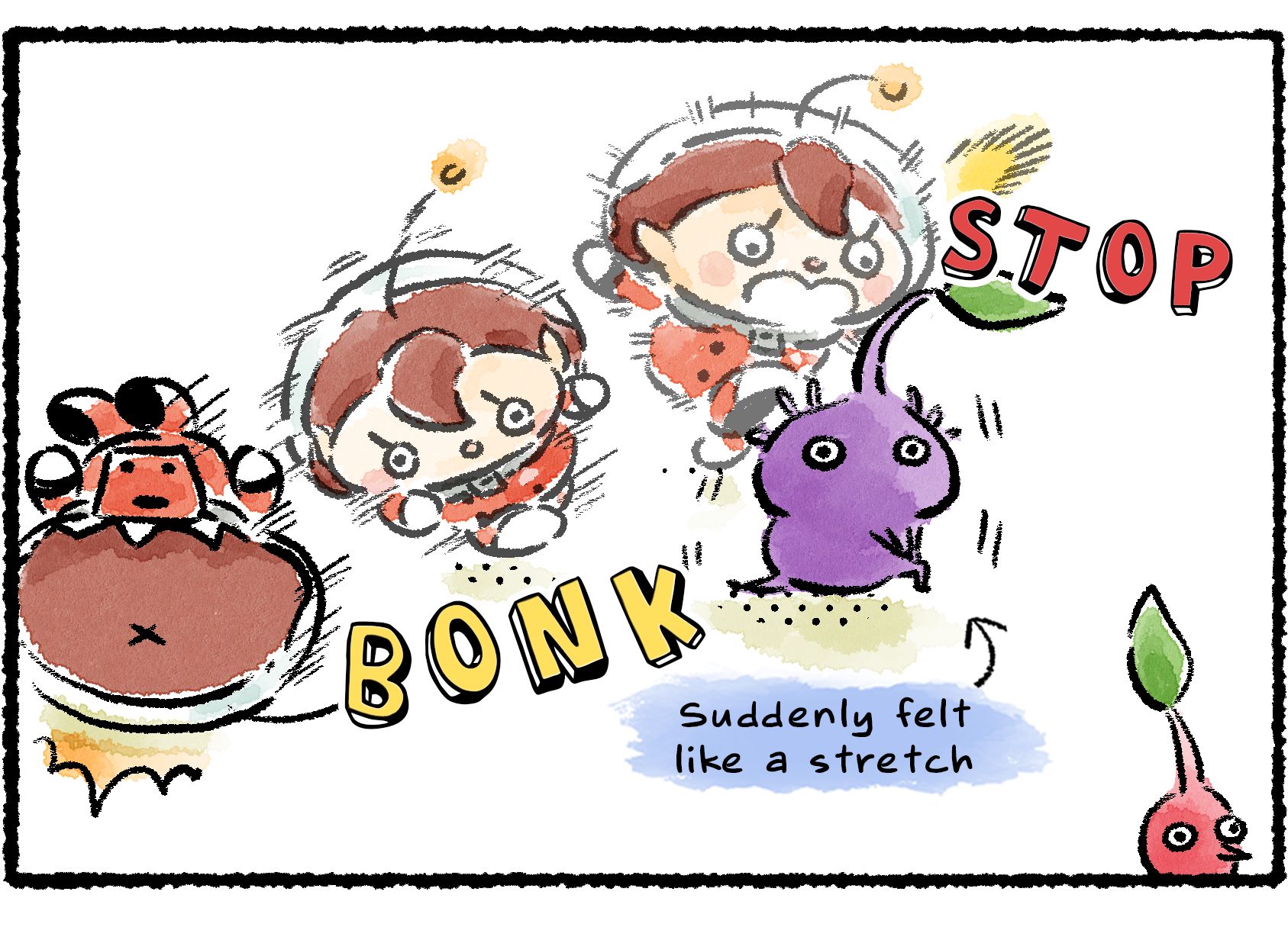 Panel three. A Purple Pikmin feels the need to stretch. The sudden stop causes the Rescue Officer to trip over it and go tumbling to the ground, bonking her head.