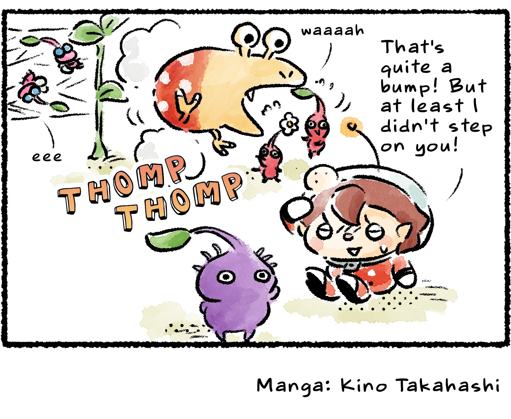 Panel four. The Rescue Officer sits up and rubs a bump on her head. "That's quite a bump!" she says. "But at least I didn't step on you!" In the background, the other Pikmin scramble as they're attacked by a Bulborb.