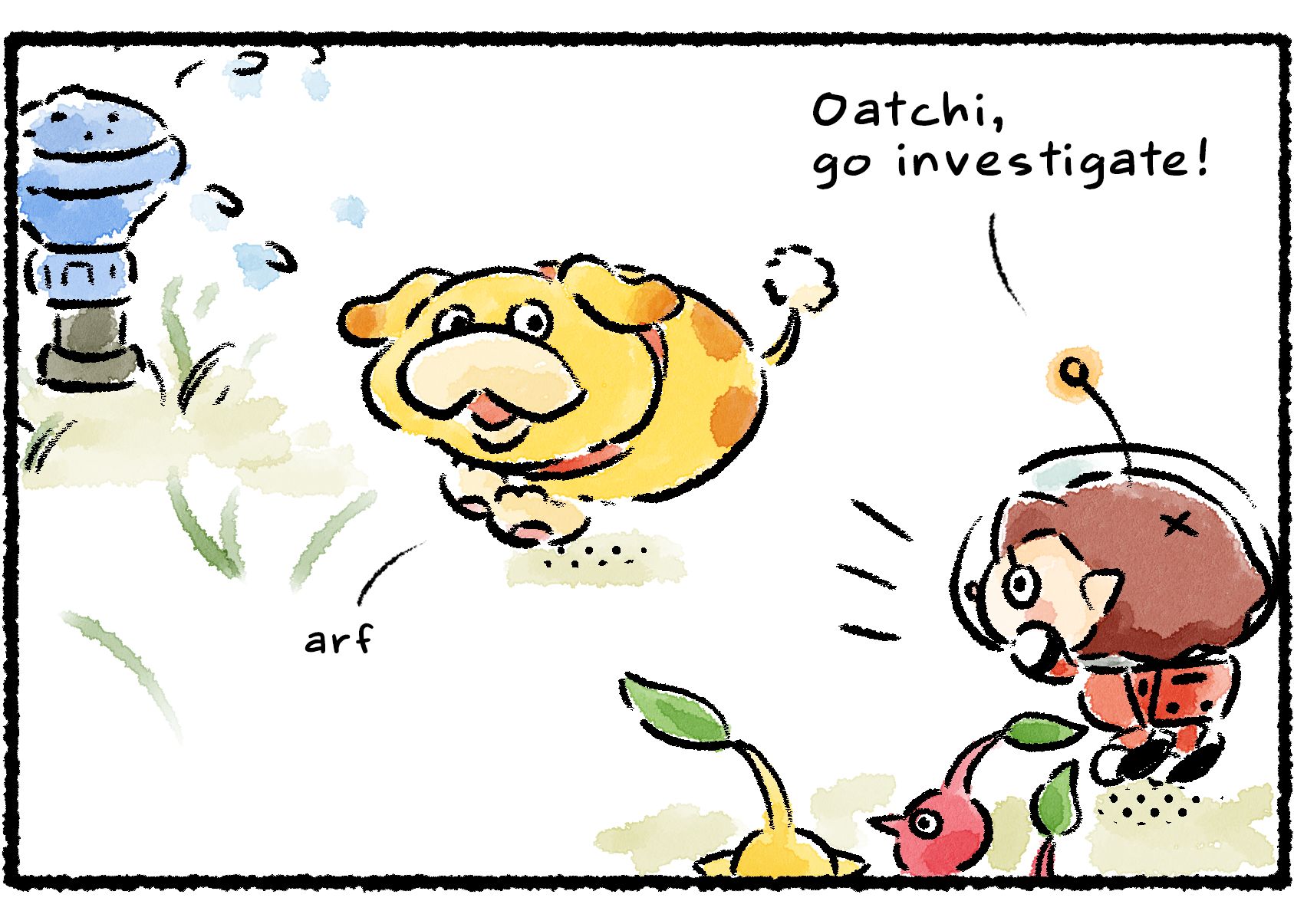 Panel two. "Oatchi," the Rescue Officer says, "go investigate!" Oatchi barks and goes to approach the sprinkler.