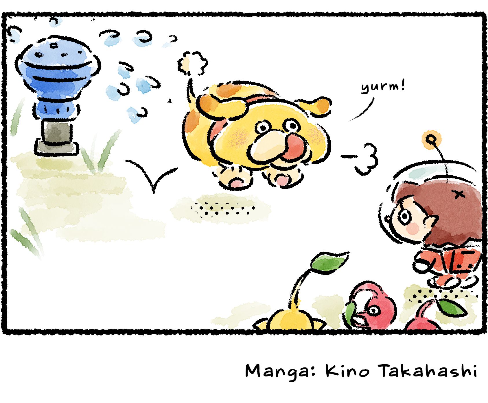 Panel four. Oatchi returns to the Rescue Officer and Pikmin licking his chops and looking satisfied. Yum!