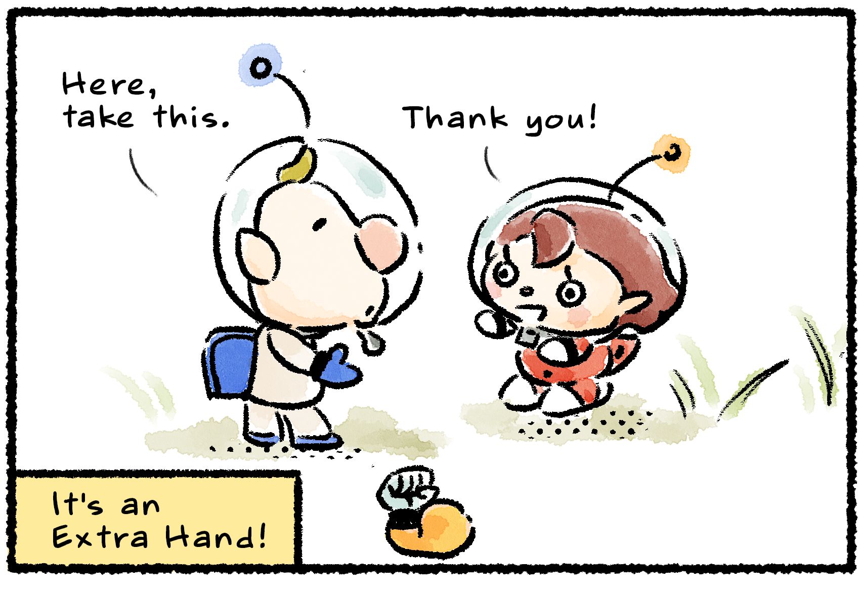 Panel one. Louie extends his hands to a Rescue officer and says, "Here, take this." At the bottom is the in-game icon for the Extra Hand, a flexed arm. Text reads: "It's an Extra Hand!" The Rescue Officer says, "Thank you!" 