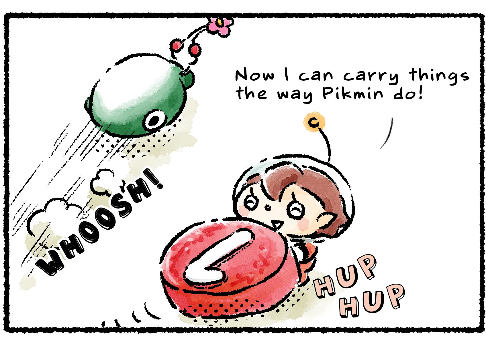 Panel two. The Rescue Officer happily carries a red 1 pellet alongside her Pikmin. "Now I can carry things the way Pikmin do!" she says.