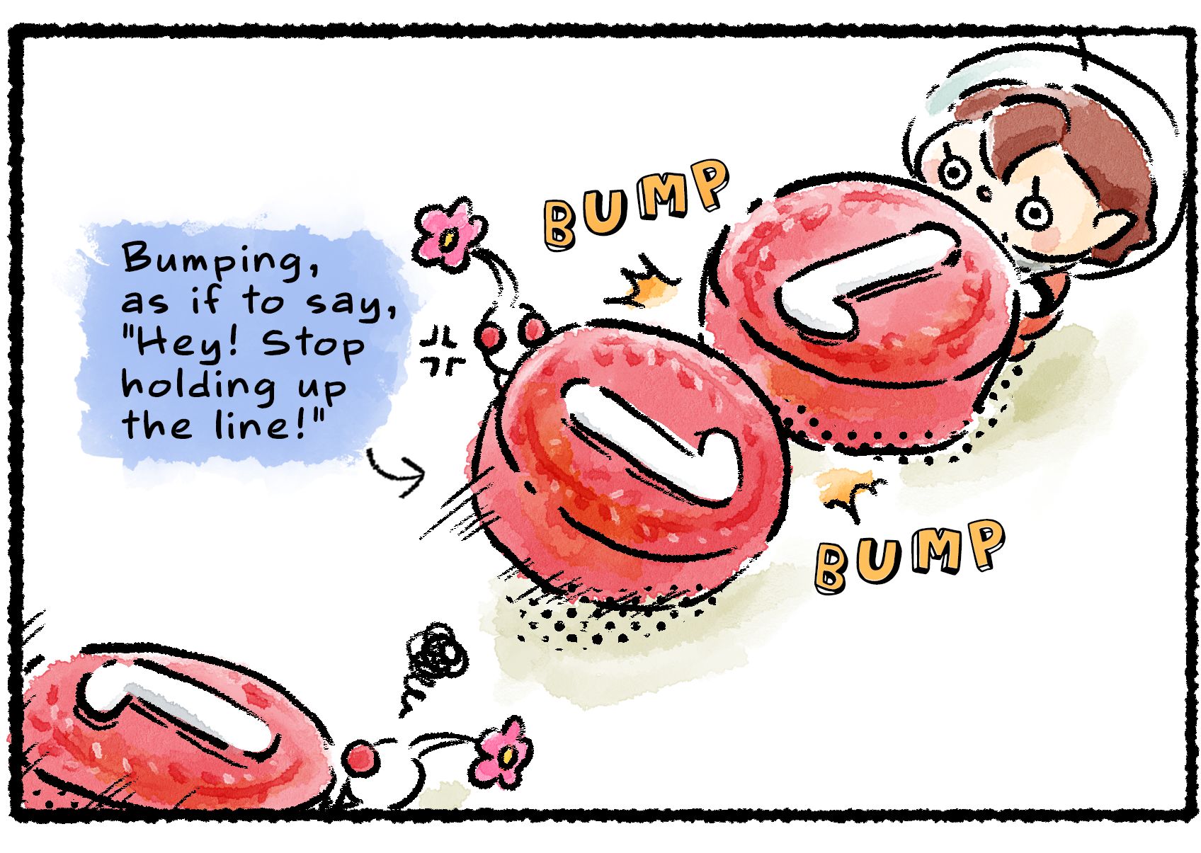 Panel three. A White Pikmin, also carrying a red 1 pellet, bumps irritably into the Rescue Officer as if to say, "Hey! stop holding up the line!" It seems the Rescue Officer is going too slow for the Pikmin's liking.