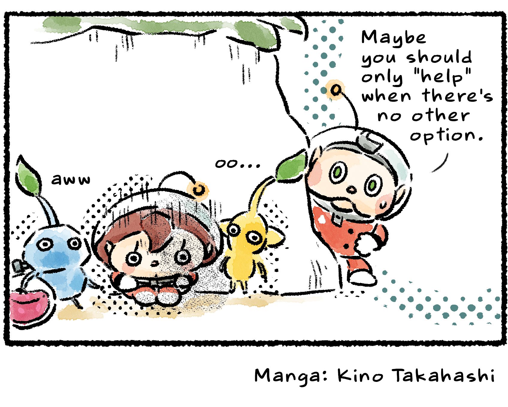 Panel four. The Rescue Officer sits against a rock between a Yellow Pikmin looking concerned and an Ice Pikmin with some ultra-spicy spray. Collin appears from the around the rock to say, "Maybe you should only 'help' when there's no other option."
