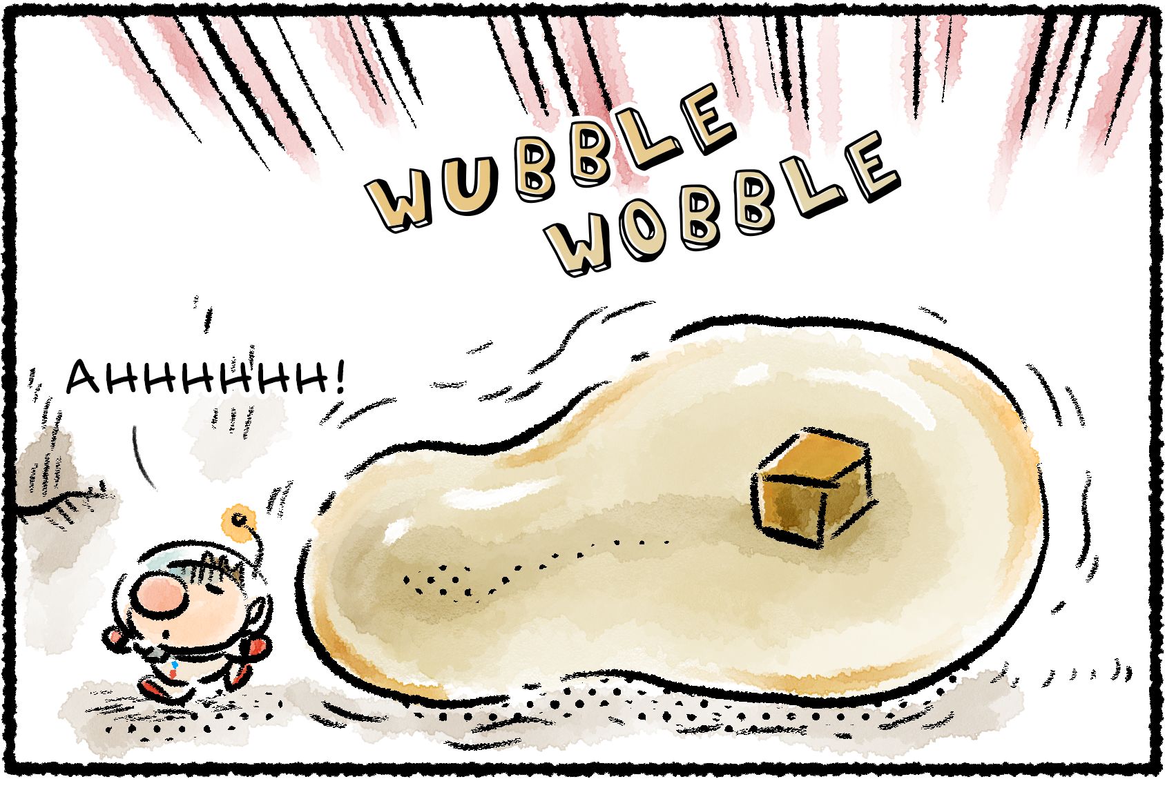 Panel one. Olimar flees in panic as he's pursued by a Mysterious Life-Form, wobbling after him in a gelatinous form.