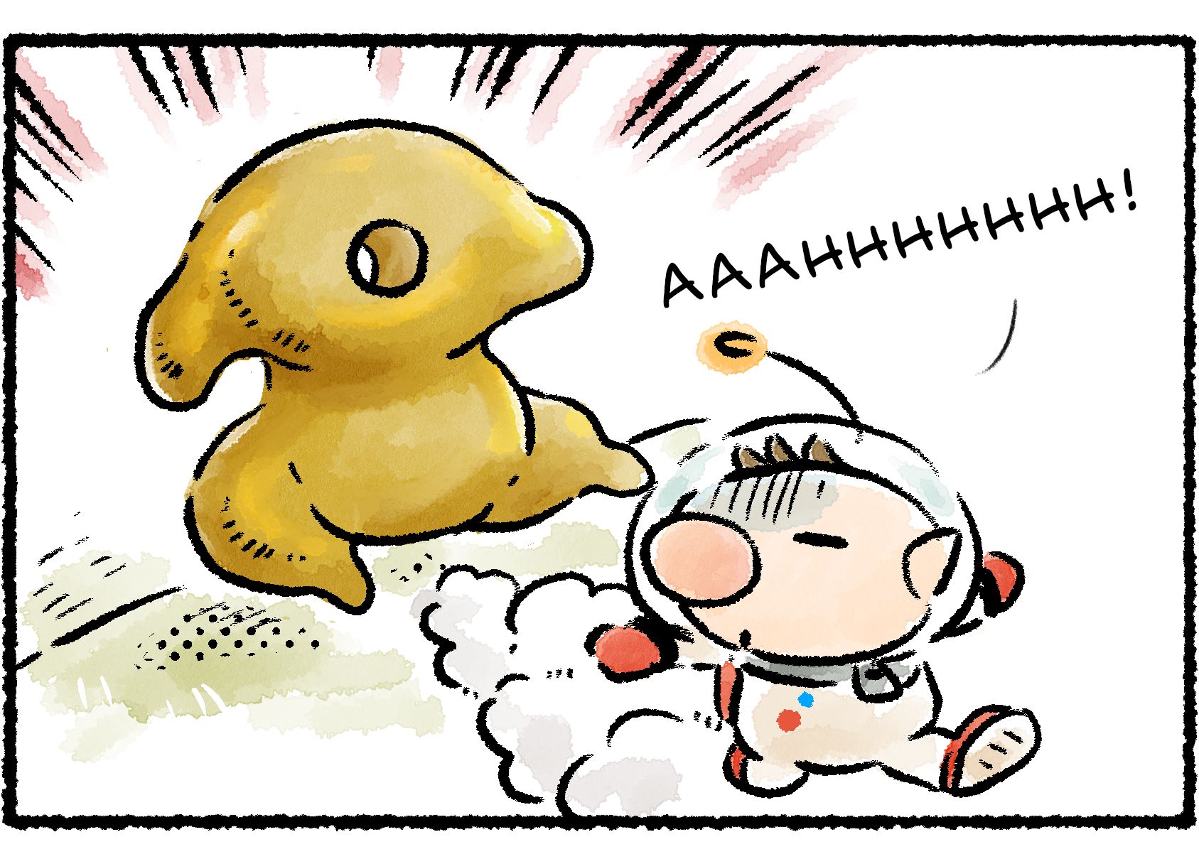 Panel two. Olimar screams in terror as the Mysterious Life-Form transforms into a Plasm Wraith and continues chasing him.