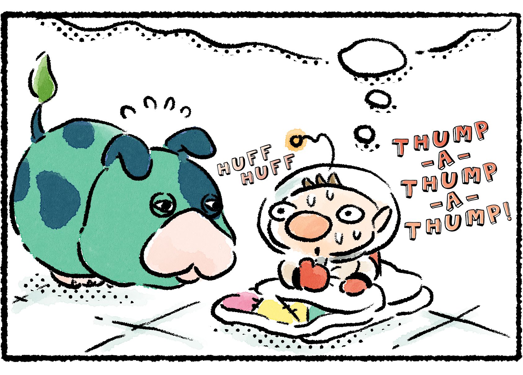 Panel three. Olimar wakes up in a cold sweat, his heart pounding and Moss looking on with concern. The Plasm Wraith was only a nightmare. 