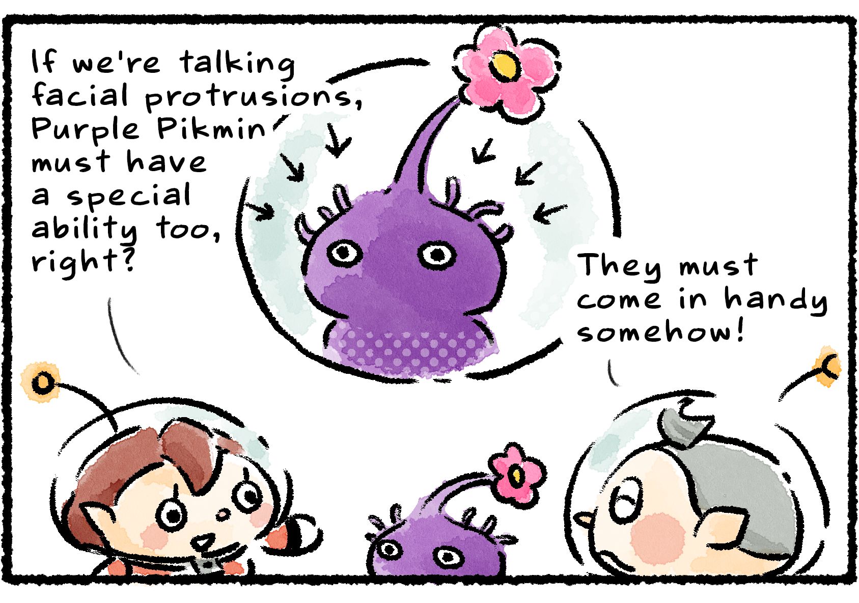 Panel two. Under a closeup highlighting the tendrils around a Purple Pikmin's stalk, a Rescue Officer says, "If we're talking facial protrusions, Purple Pikmin must have a special ability too, right?" Collin says, "They must come in handy somehow!"