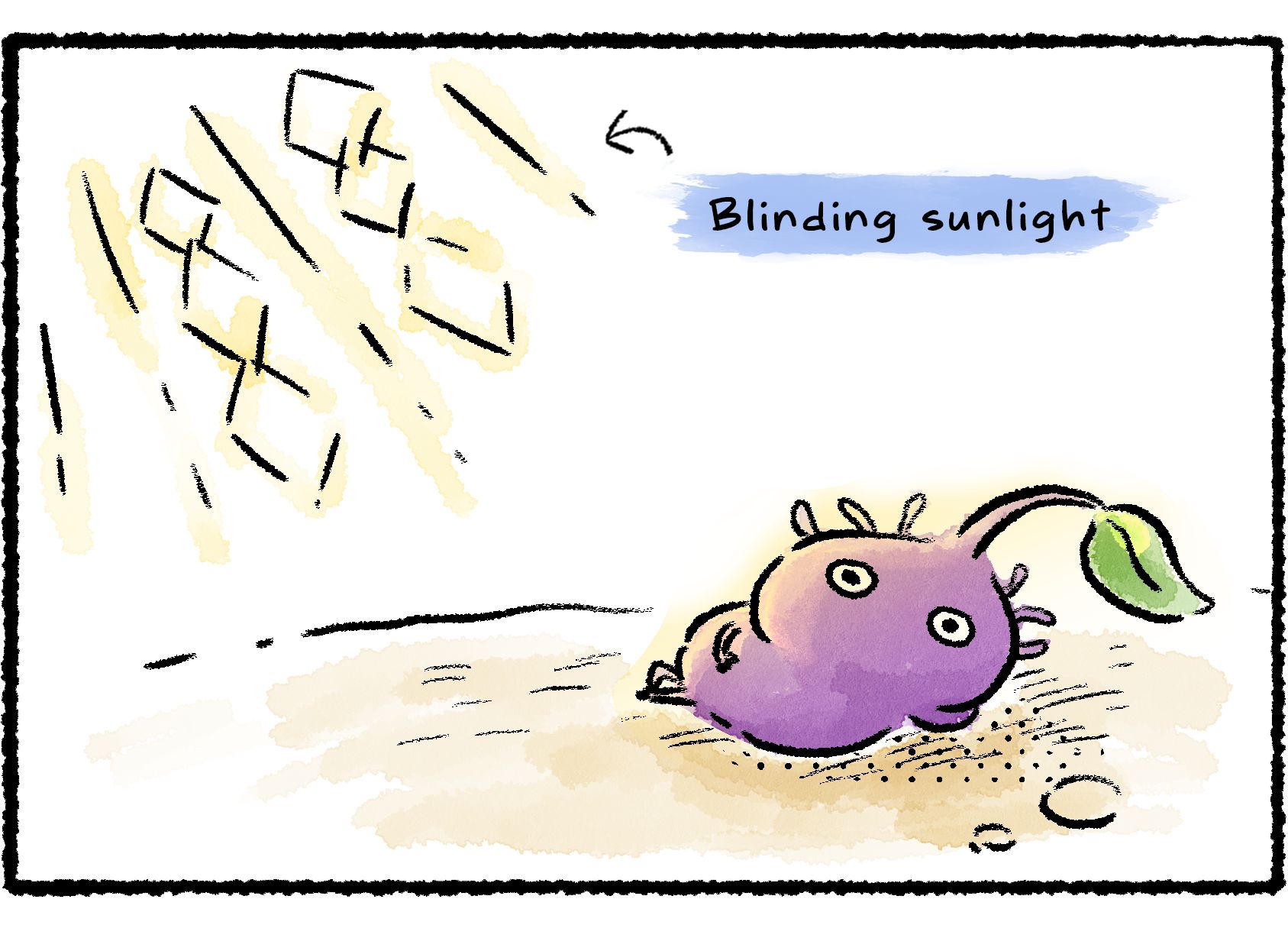 Panel three. A Purple Pikmin lounges on a beach on a bright sunny day.