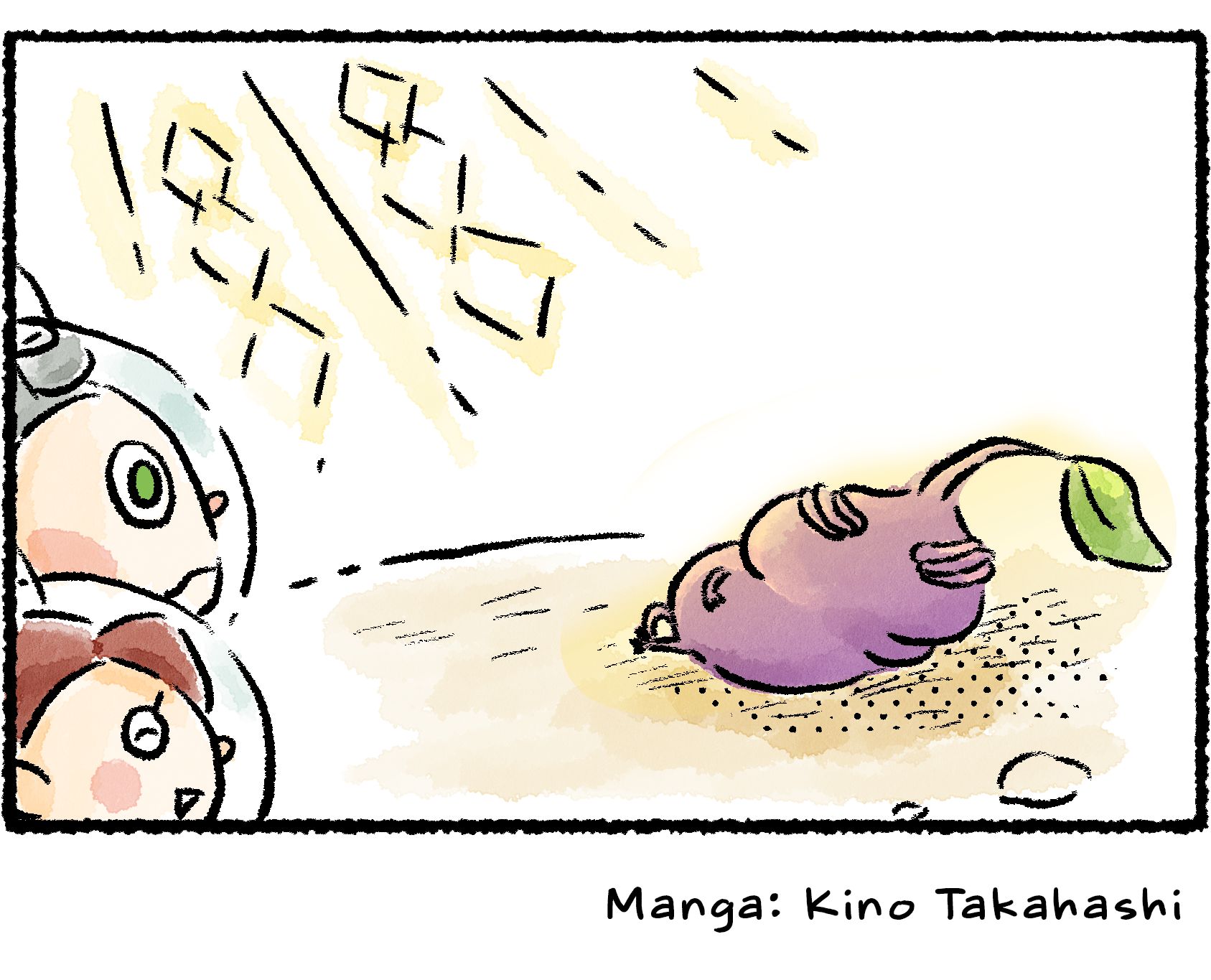 Panel four. As Collin steps into view, the Purple Pikmin uses the tendrils on its head to shield its eyes from the glare of the sun.