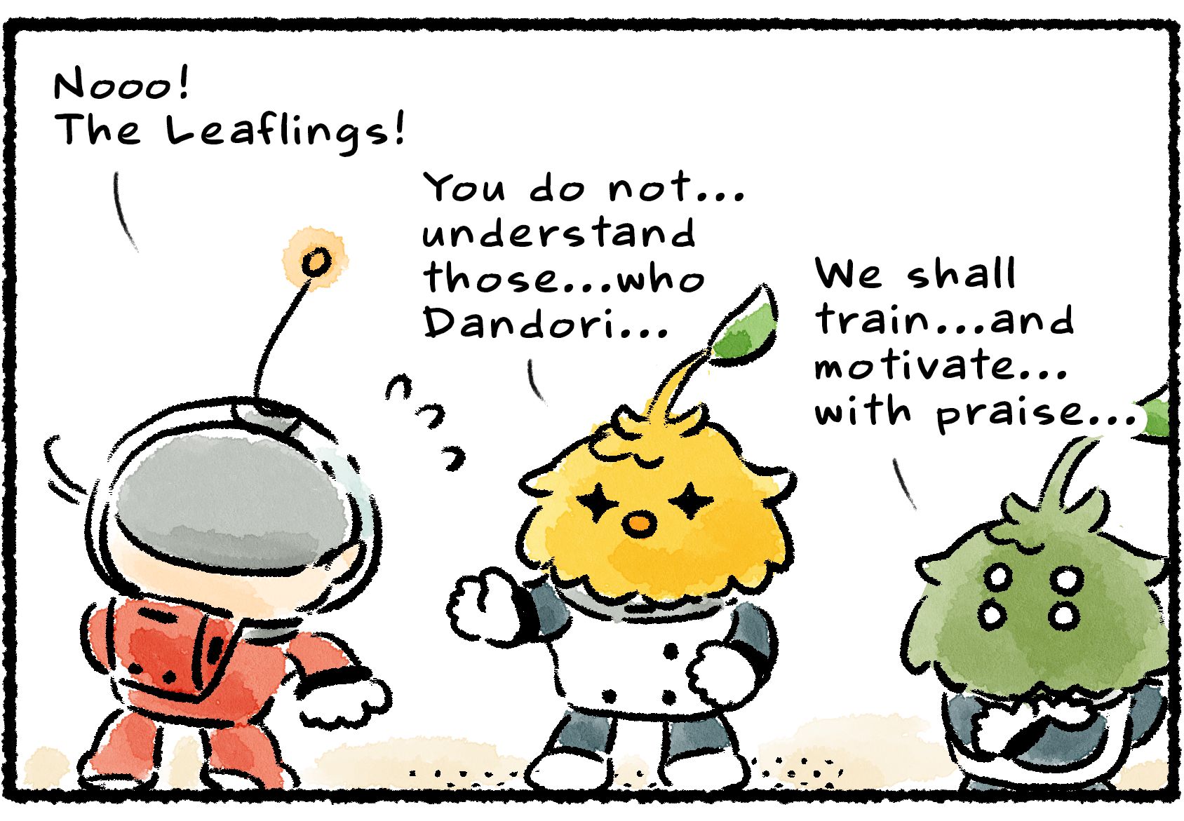 Panel two. "Nooo!" Collin says, turning around. "The Leaflings!" A yellow Leafling says, "You do not...understand those...who Dandori..." A green leafling says, "We shall train...and motivate...with praise..."