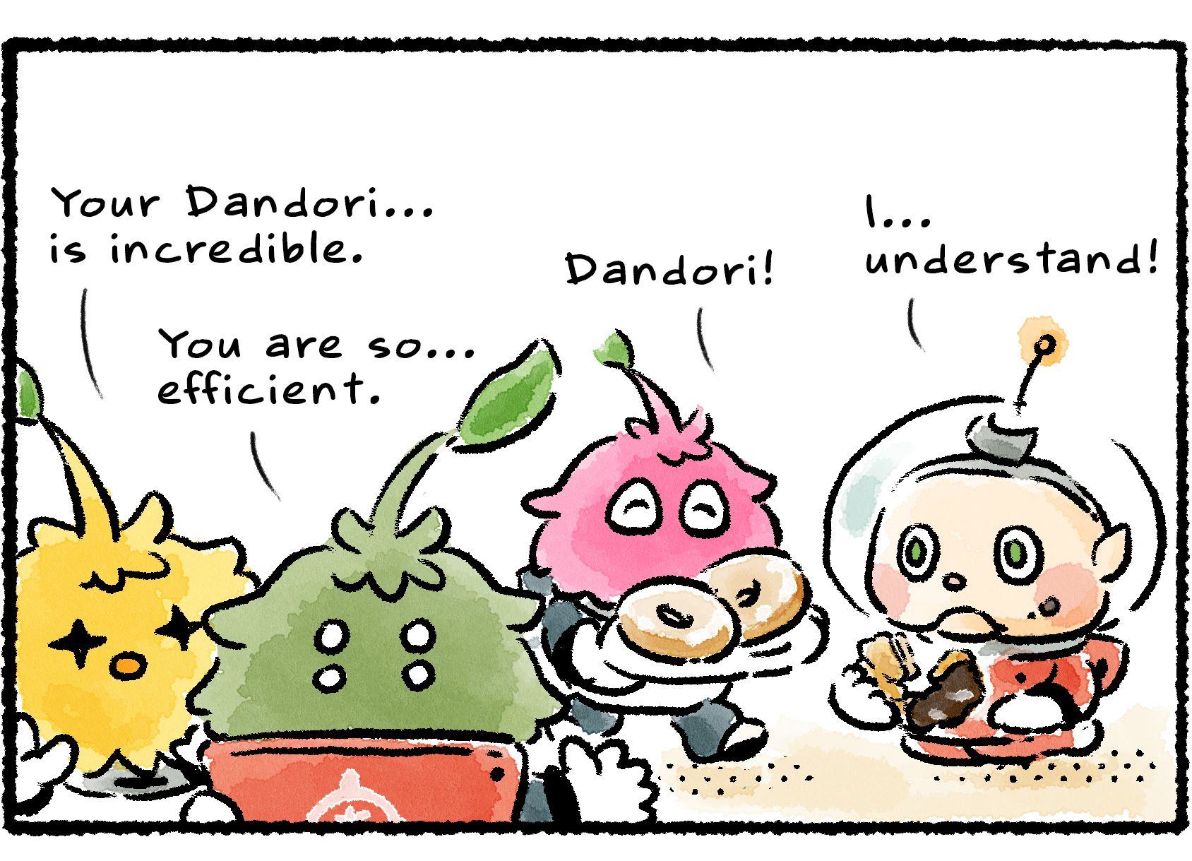 Panel three.  Collin says, "I...understand!" and the Leaflings bring him doughnuts. "Your Dandori...is incredible," the yellow Leafling says. "You are so...efficient," the green one says. The pink Leafling carrying the doughnuts says simply, "Dandori!"
