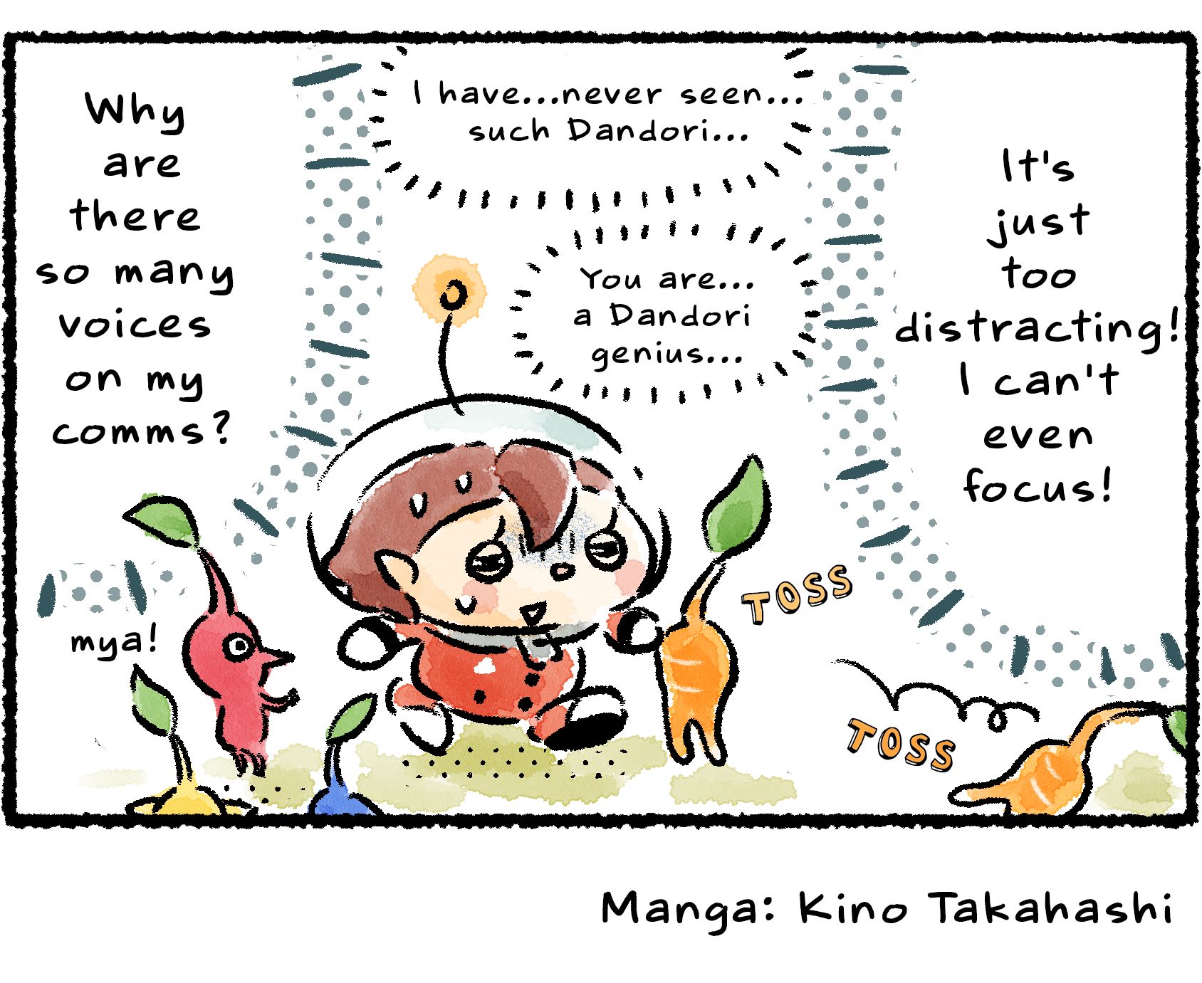 Panel four. Out in the field with her Pikmin, a Rescue Officer tosses Pikpik carrots at some unseen threat. "Why are there so many voices on comms?" she wonders, as she hears the Leaflings praising Collin's genius. "Too distracting! Can't focus!"
