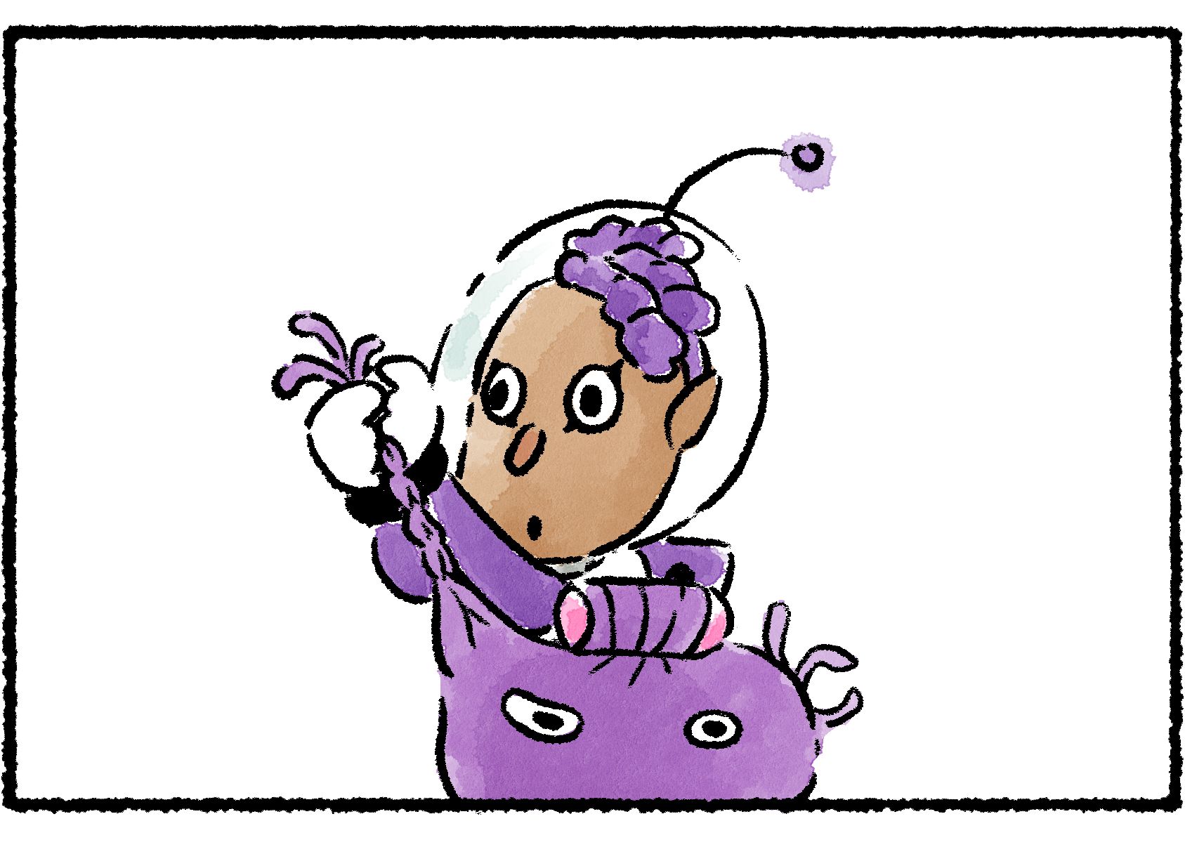 Panel two. Puddle puts the Purple Pikmin's flowered stalk into a curler, and begins weaving the tendrils on its head into braids.