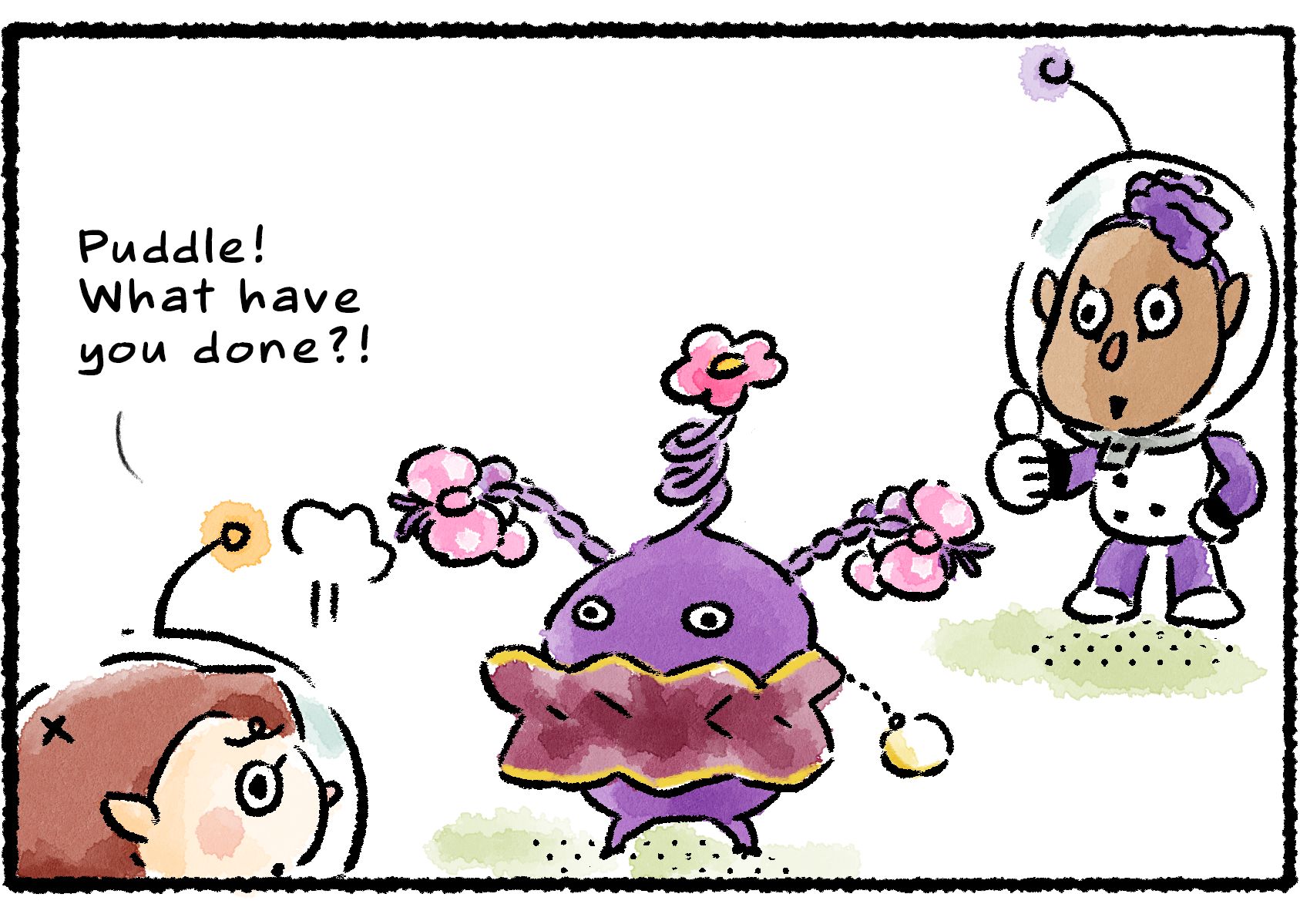 Panel three. Puddle completes his work. The Purple Pikmin has a curly flower stalk, braided tendrils ending in pink bows, and a colorful dress. A Rescue Officer approaches and says, "Puddle! What have you done?!"