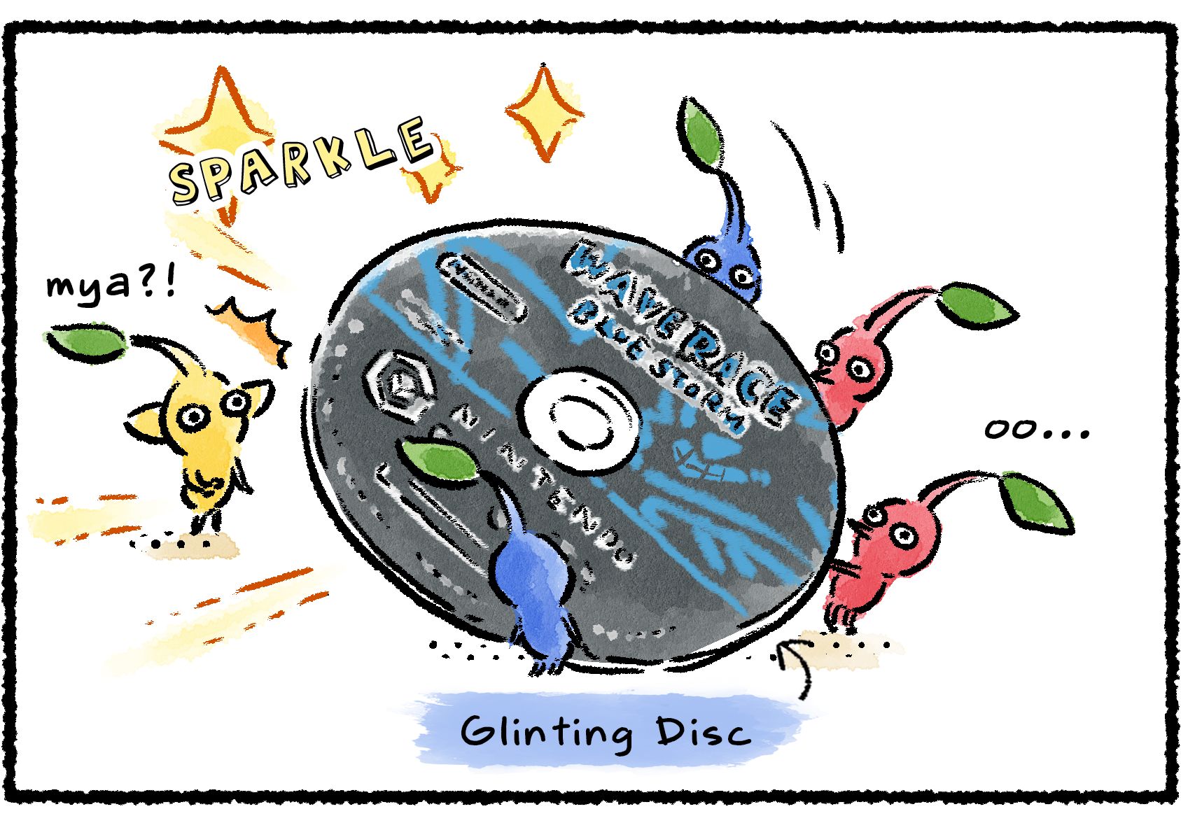Panel one. Several Pikmin are carrying a Glinting Disc. A Yellow Pikmin admires the way that front side of the disc sparkles.