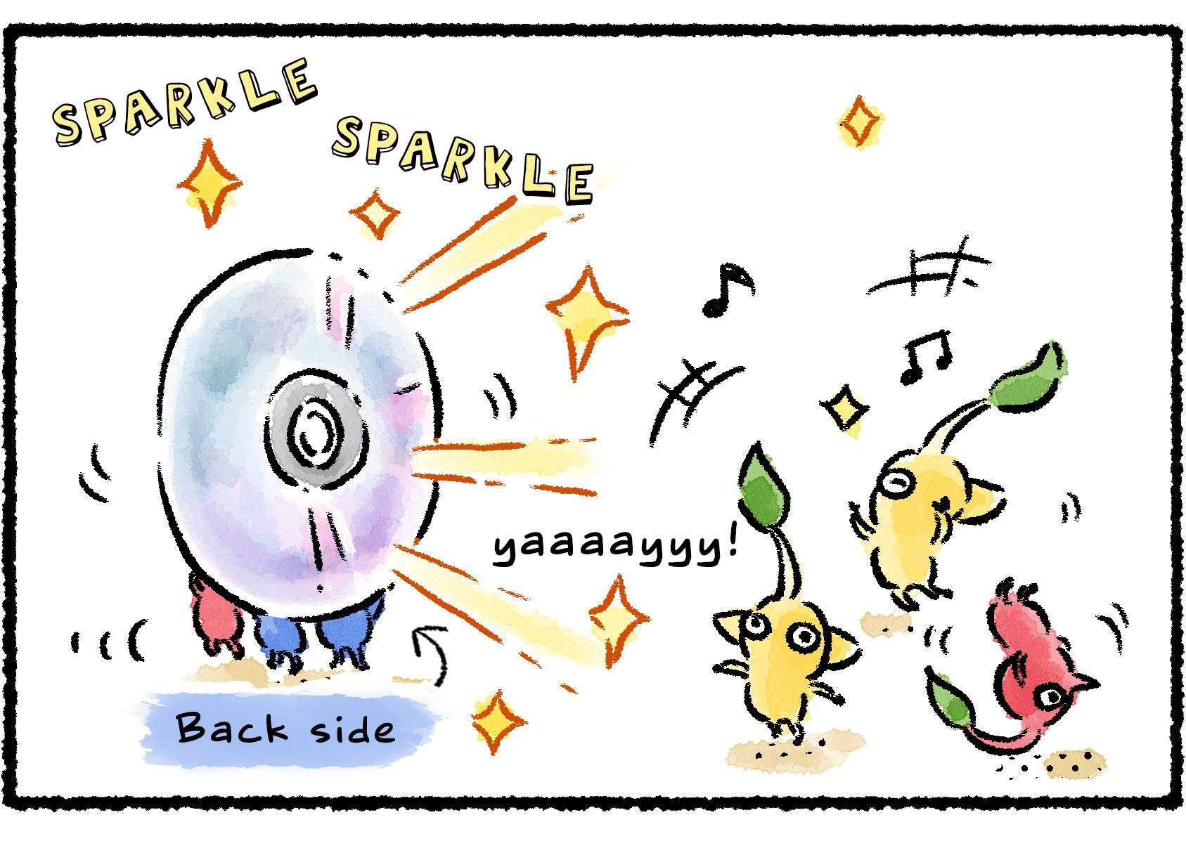 Panel two. The Pikmin holding the disc turn it around to its reverse side, which reflects light much more brightly. Several other Pikmin dance happily in the sparkling light.