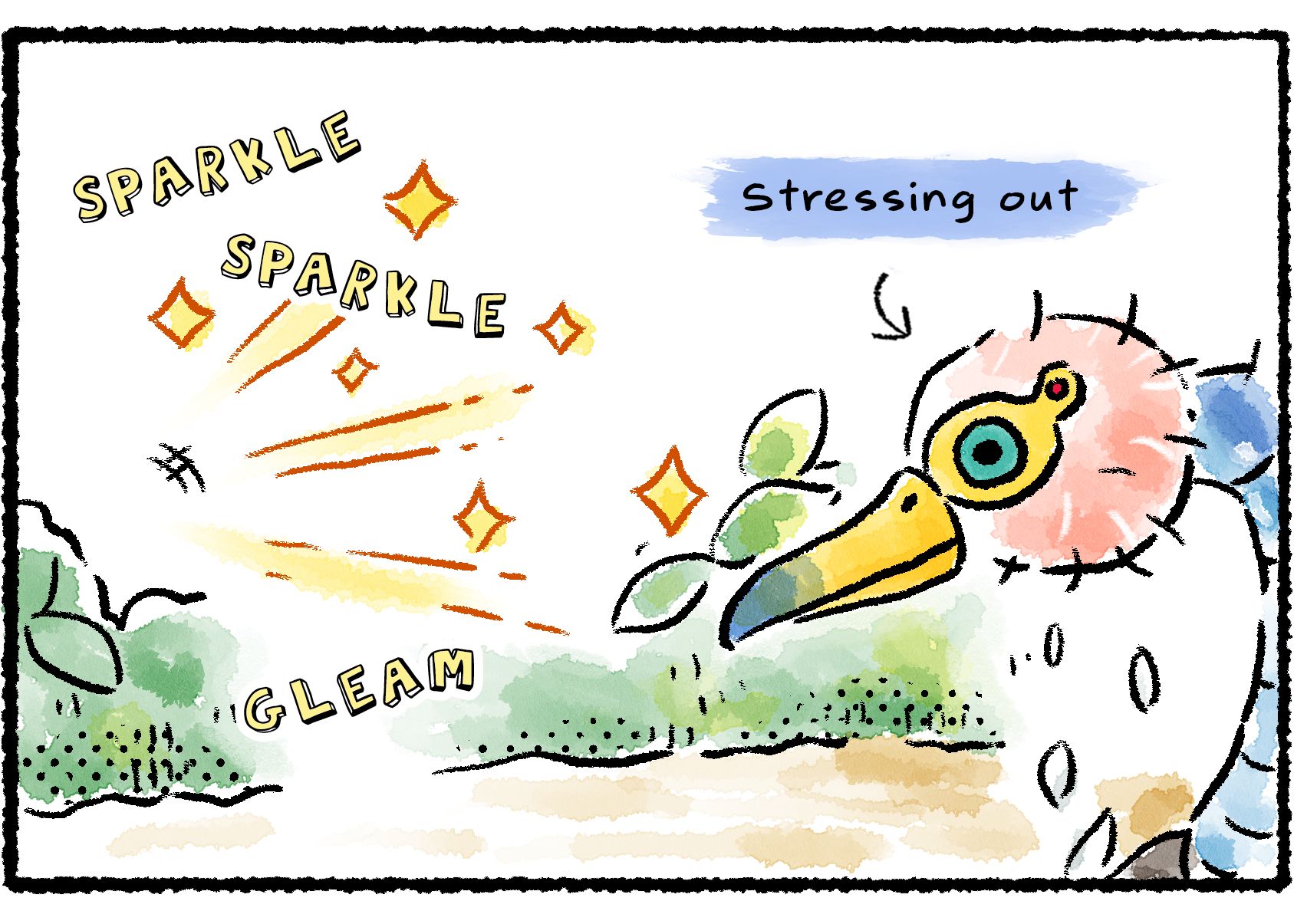 Panel three. A Burrowing Snagret, seeing the sparkle from a distance, begins to stress out and shed its feathers.