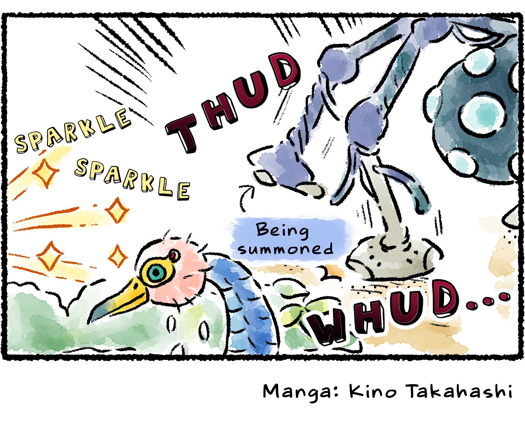 Panel four. It's revealed why the Burrowing Snagret is so worried: a Groovy Long Legs, attracted by the light, comes stomping up behind it.