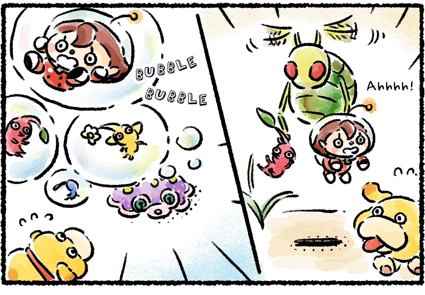 Panel one. On the left side of a split frame, Oatchi chases after a Swooping Snitchbug as it carries a Red Pikmin and a Rescue Officer away. On the right side, Oatchi watches a Waddlepus capture a Rescue Officer and several Pikmin in its bubbles.
