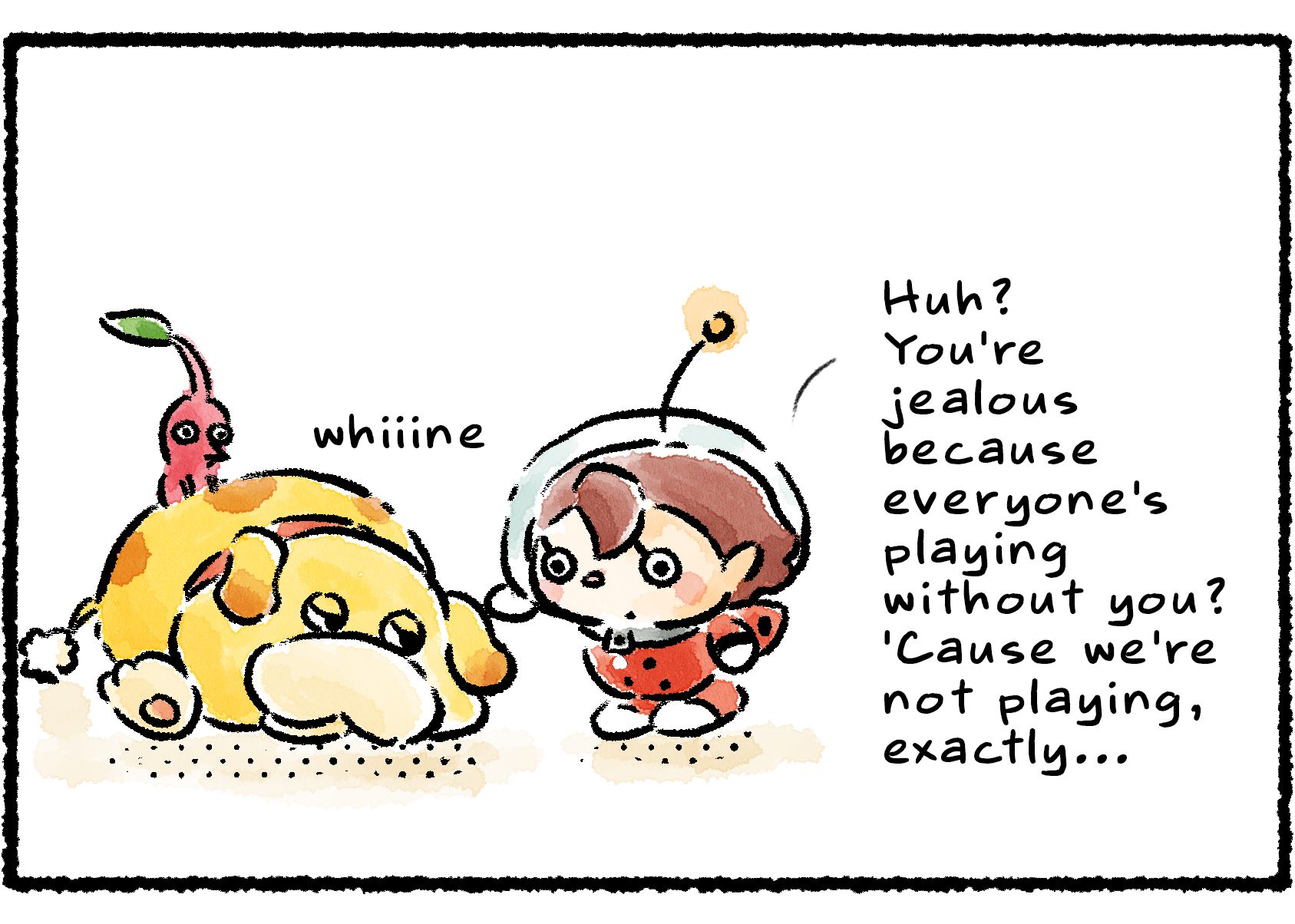 Panel two. Oatchi rests his head on the ground and whines sadly. "Huh?" the Rescue Officer says. "You're jealous because everyone's playing without you? 'Cause we're not playing, exactly..."