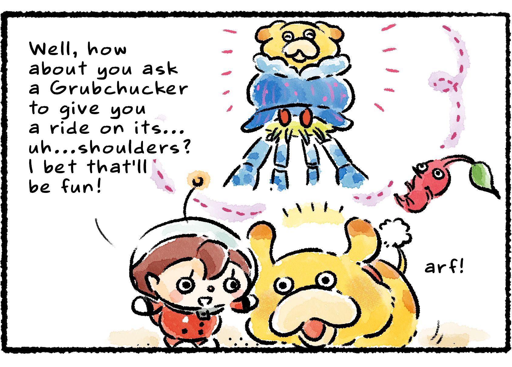 Panel three. "Well," the Rescue Officer says, "how about you ask a Grubchucker to give you a ride on its...uh...shoulders? I bet that'll be fun!" Oatchi imagines sitting snug and looking happy on top of the Grubchucker.