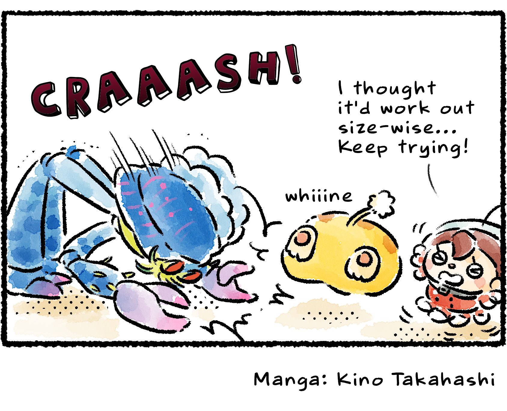 Panel four. A grubchucker bends down as Oatchi falls out of its mouth and onto the ground with a crash. "I thought it'd work out size-wise," the Rescue Officer says. "Keep trying!"