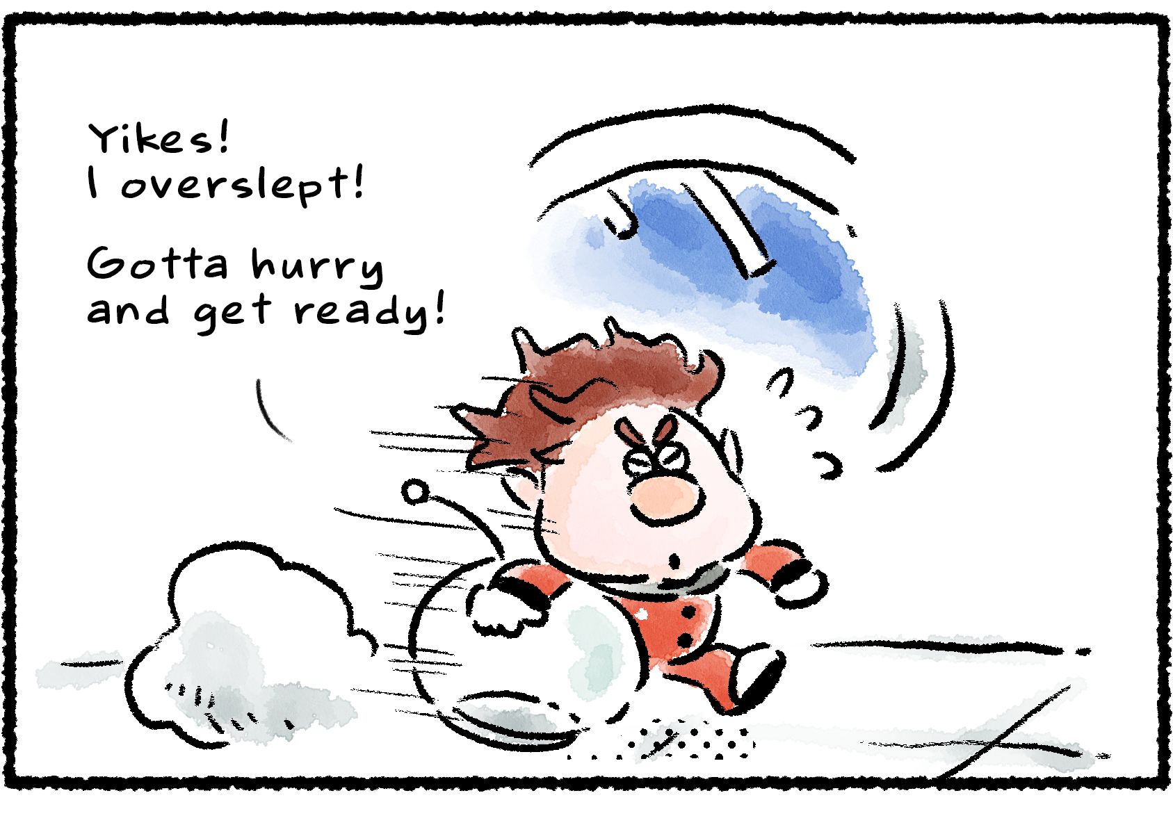 Panel one. Dingo moves through the ship's interior in a rush, helmet in hand. "Yikes! I overslept!" he says. "Gotta hurry and get ready!"