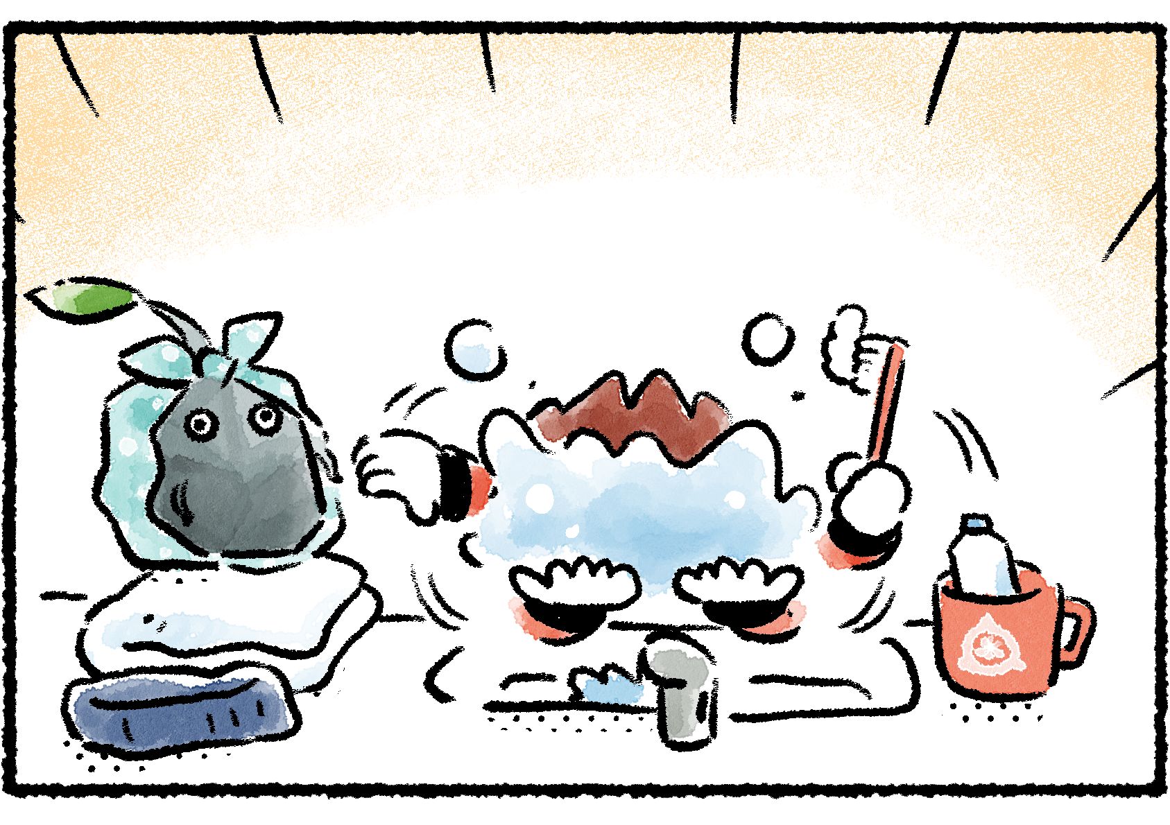Panel two. Dingo hurries to wash his face and brush his teeth. Face covered in water, he blindly reaches for his usual headband but instead finds a Rock Pikmin wearing a light-blue shower headband that's tied at the top in a cute little bow.