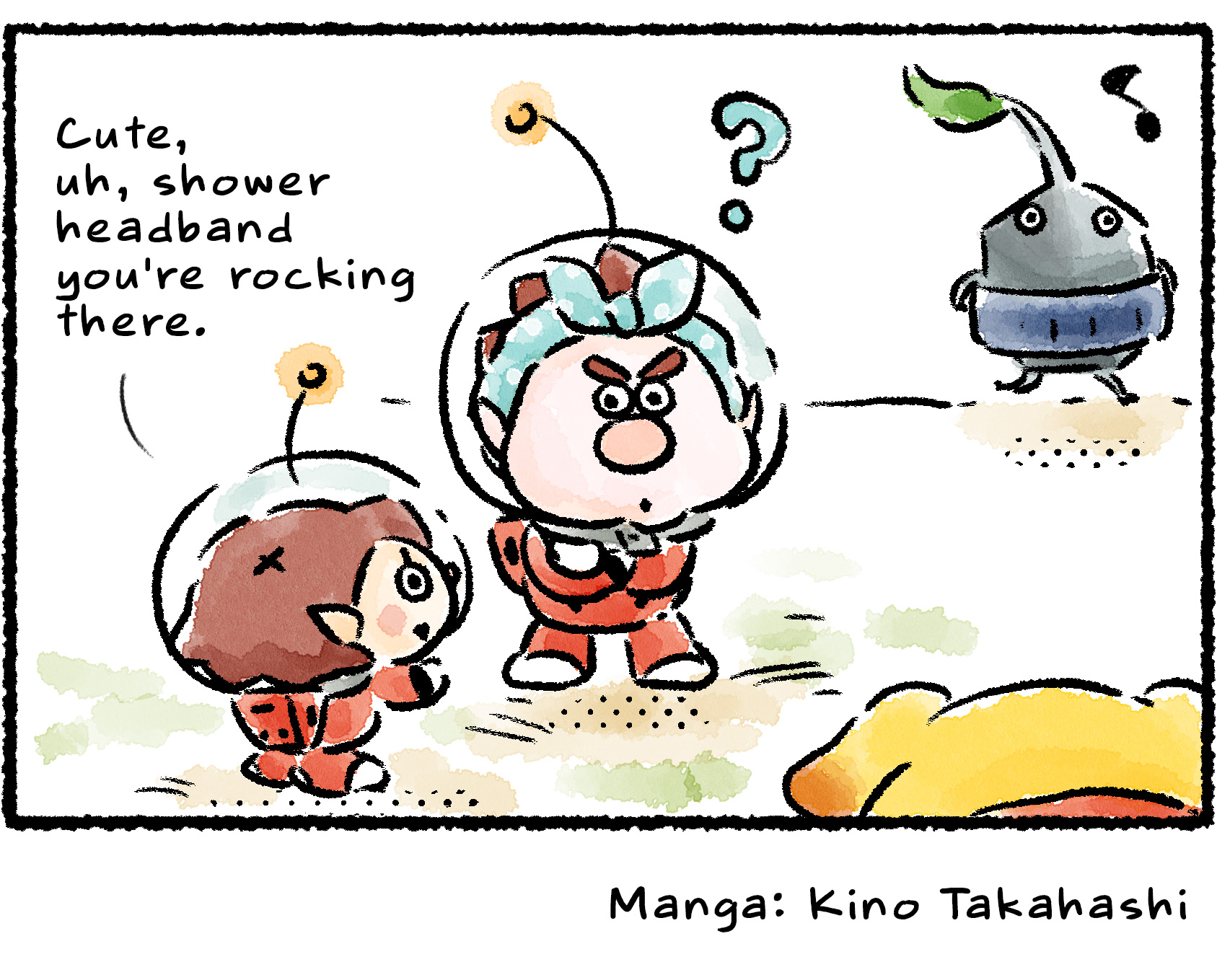Panel four. "Cute, uh, shower headband you're rocking there," the Rescue Officer says. Dingo doesn't realize he'd put on the wrong headband. In the background, the Rock Pikmin from panel two is wearing Dingo's usual headband like a belt.