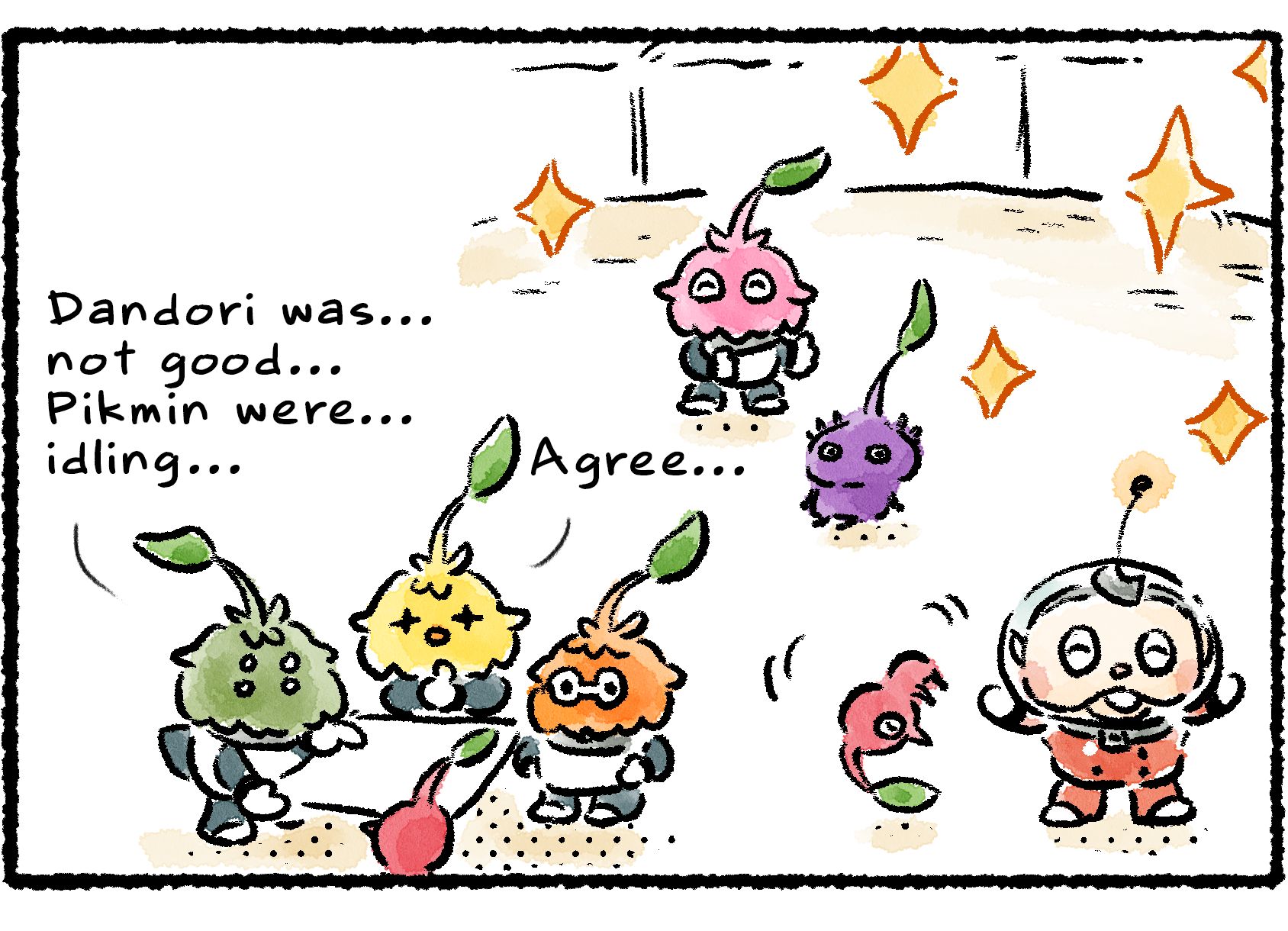 Panel three. Collin is cheering as the area is now spotless, but the Leaflings gather around the map and discuss the results. "Dandori was...not good... Pikmin were...idling," the green one says. "Agree," the yellow one says.