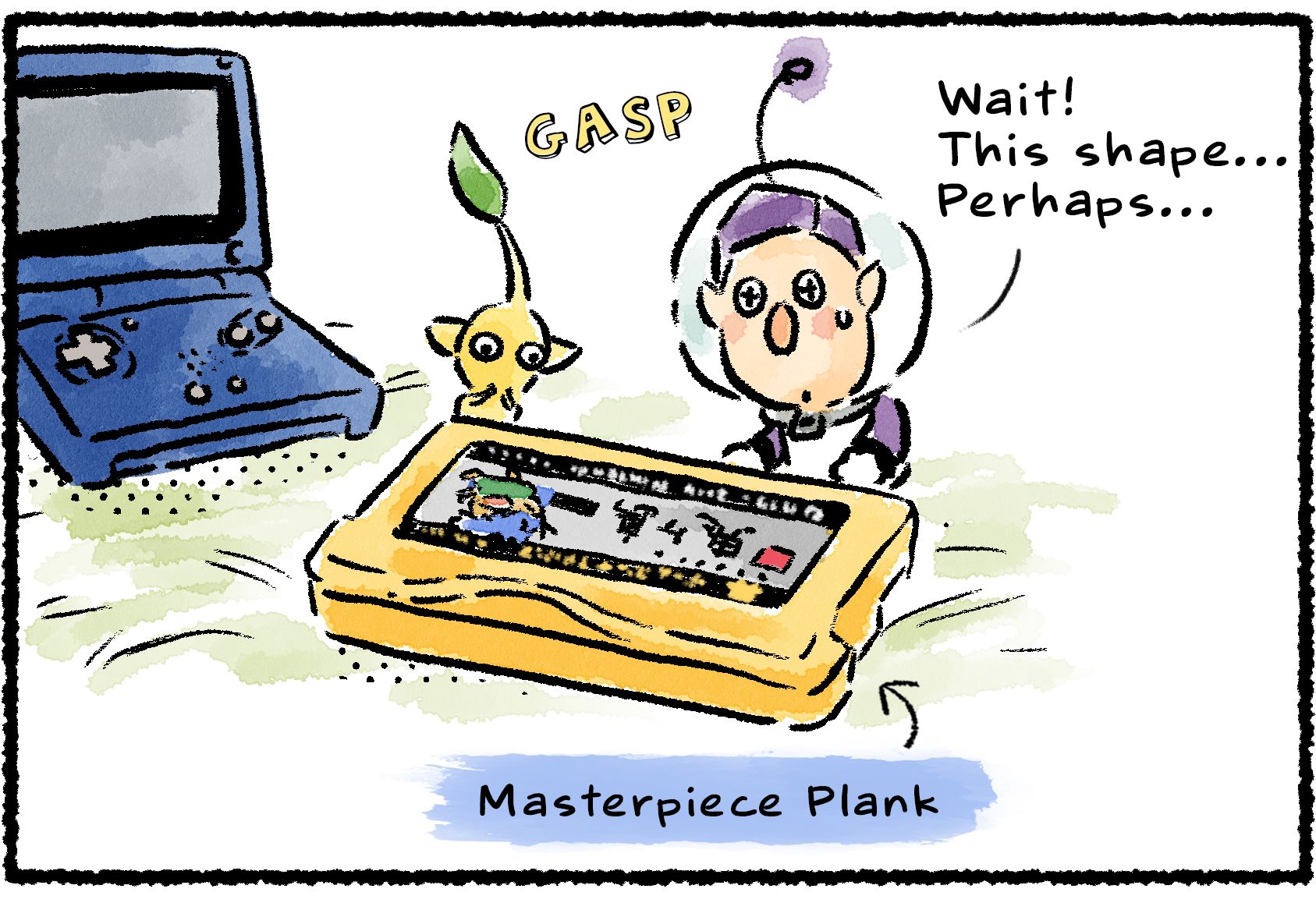 Panel one. Schnauz and a Yellow Pikmin study a Masterpiece Plank, which is a game cartridge, while standing near a Stone of Advancement, which is a handheld game console. "Wait!" Schnauz says. "This shape... Perhaps..."