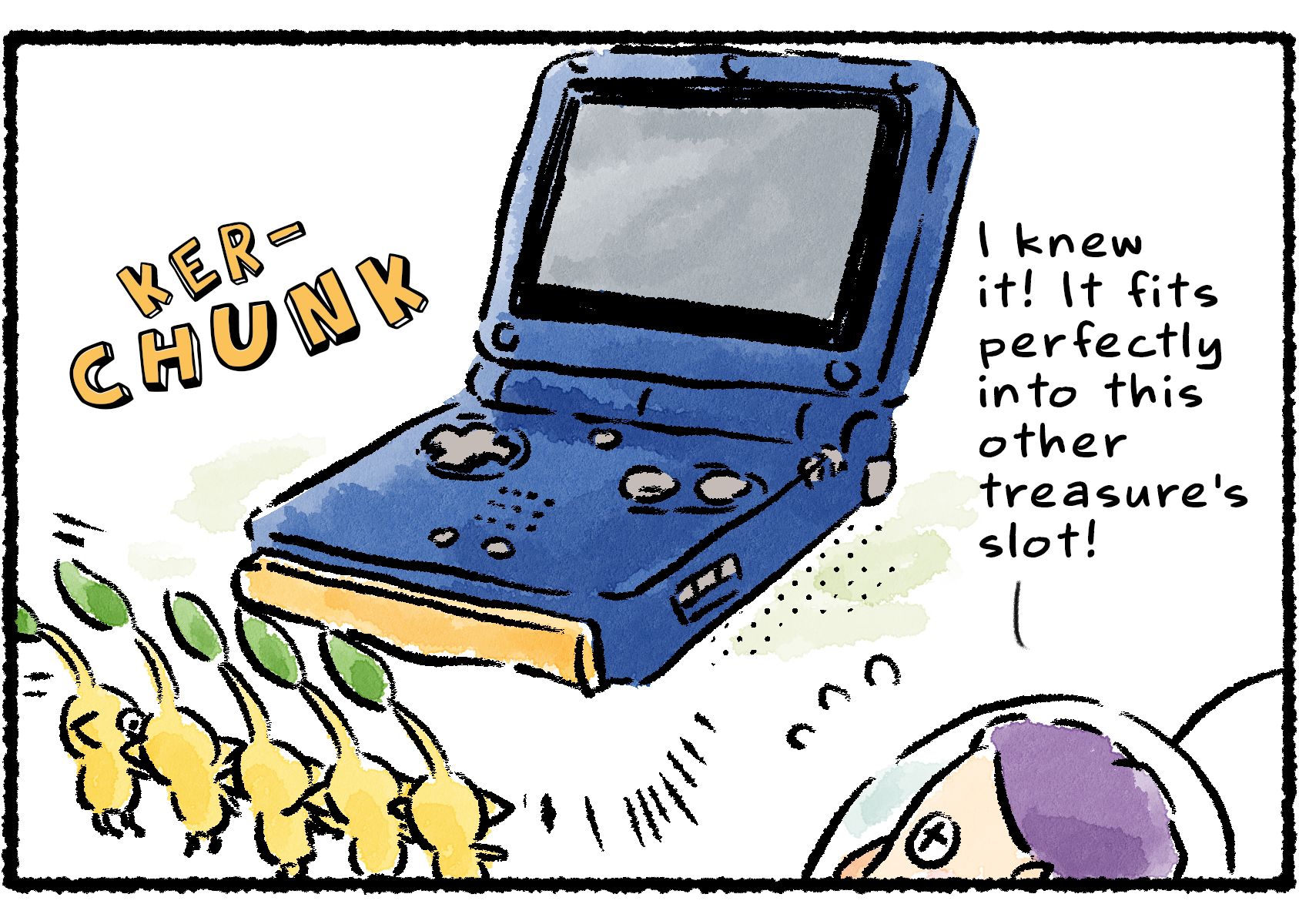 Panel two. A group of Pikmin fit the Masterpiece Plank into the slot at the front of the Stone of Advancement. "I knew it!" Schnauz says. "It fits perfectly into this other treasure's slot!"