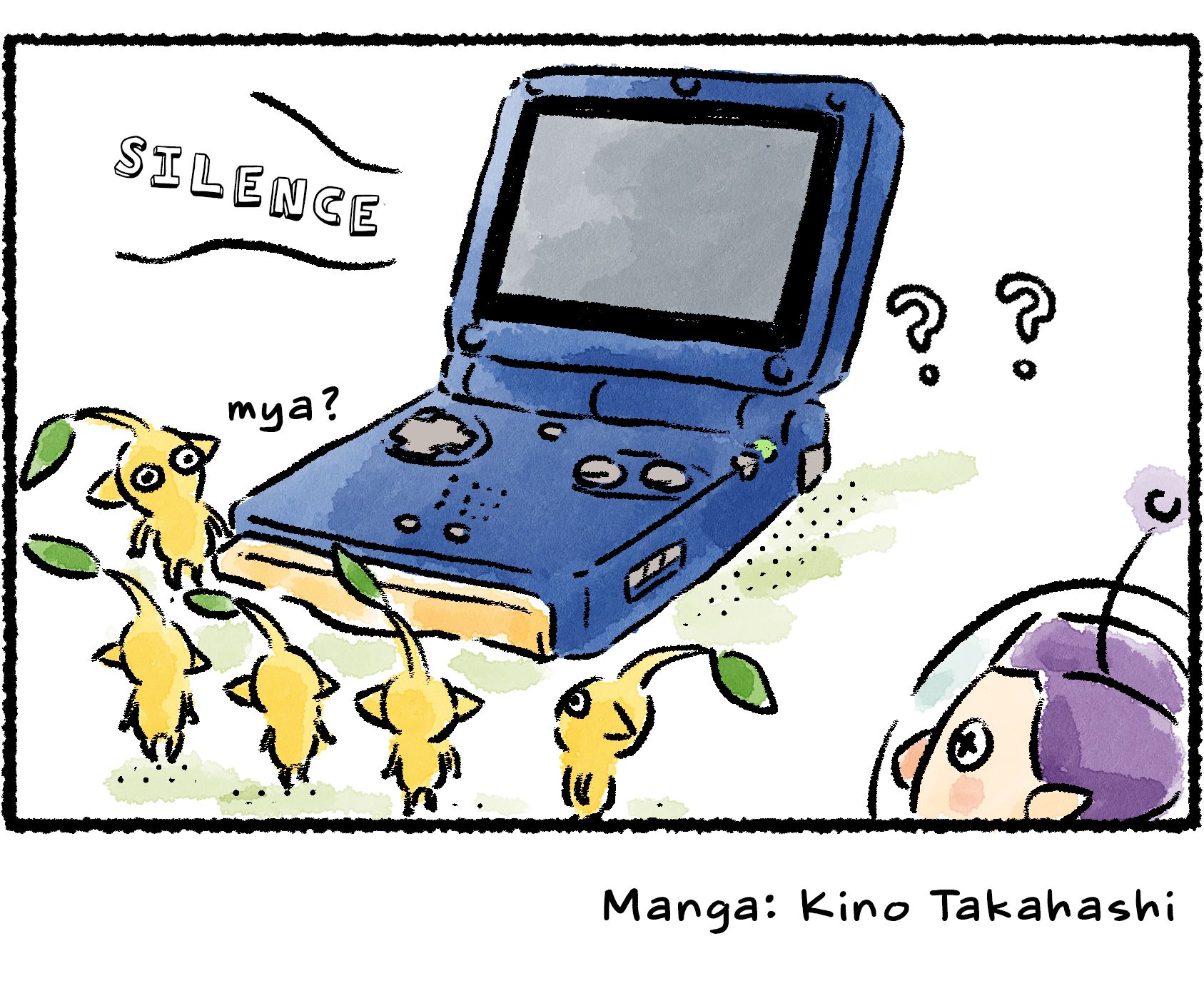 Panel four. Schnauz and the Pikmin stare at the treasure expectantly, but it remains silent. They haven't figured out that they would need to turn the console on to get it to display anything.