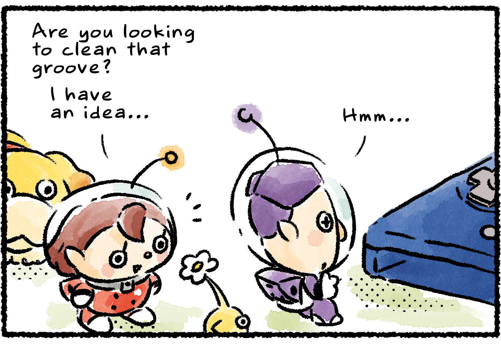 Panel one. Schnauz is standing in front of a Stone of Advancement, which is a game console, saying "Hmm..." A Rescue Officer approaches with Oatchi and asks, "Are you looking to clean that groove? I have an idea..."