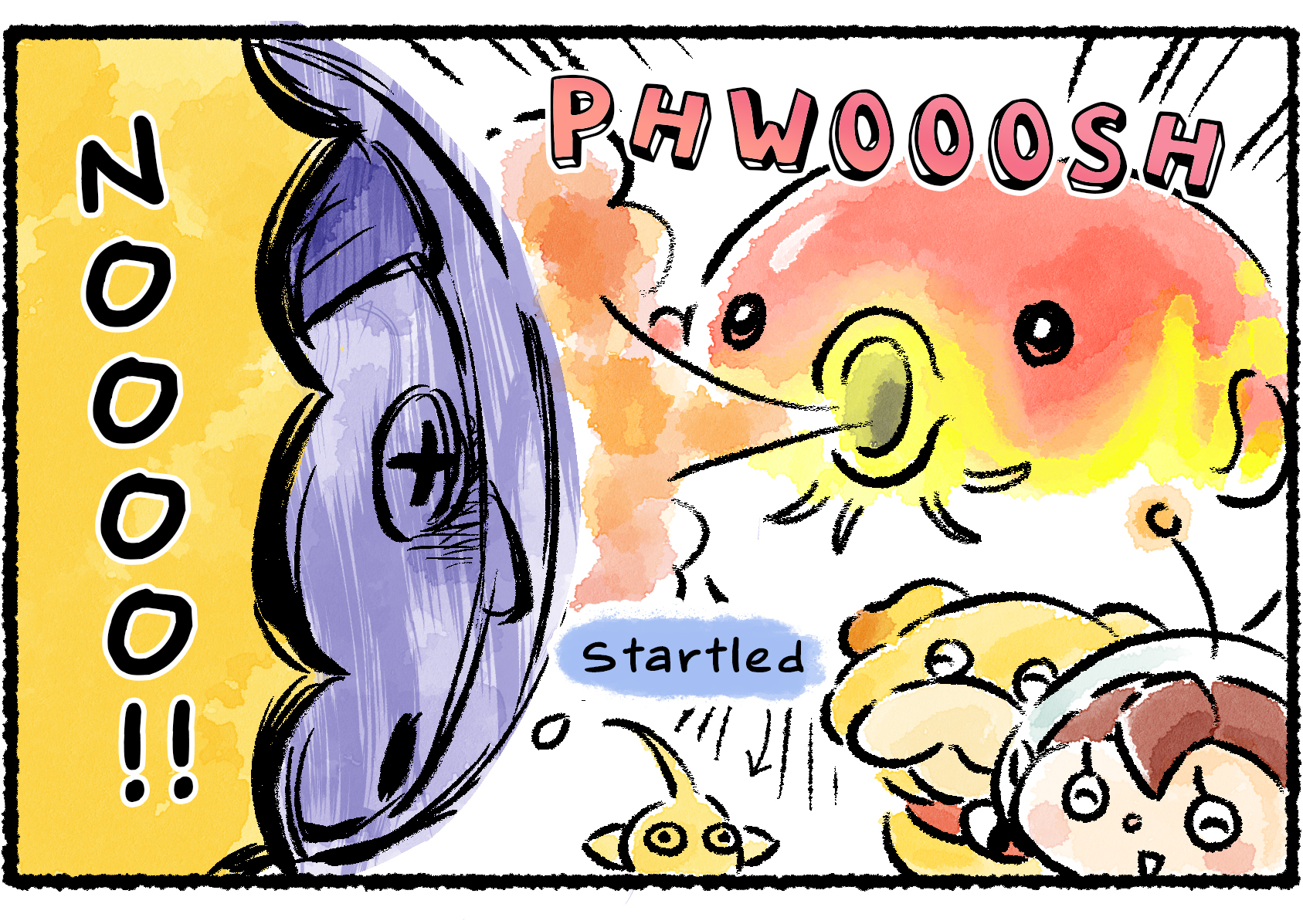 Panel two. Oatchi and the Rescue Officer smile as a Withering Blowhog approaches and starts blowing air at a startled Schnauz. "NOOOO!!" Schnauz says.