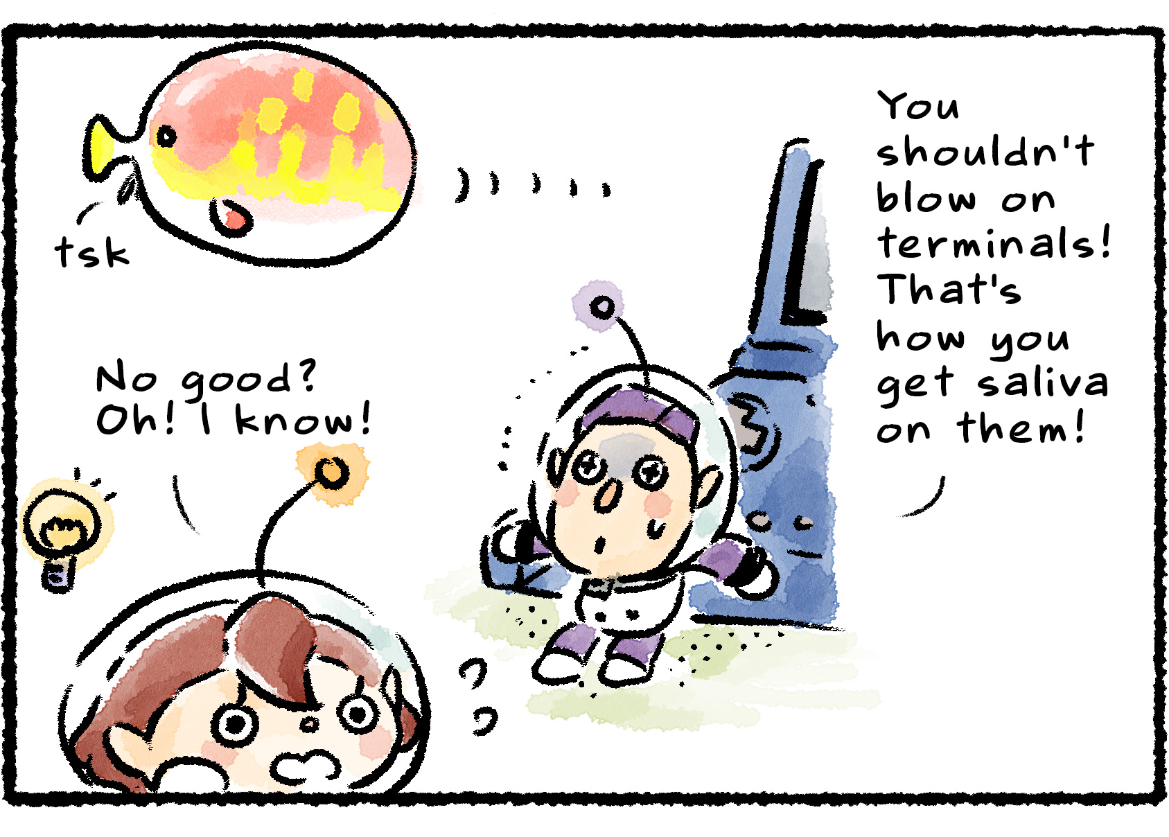 Panel three. Schnauz stands protectively in front of the Stone of Advancement's front slot. "Yeah, you shouldn't blow on terminals. That's how you get saliva on them!" As the Withering Blowhog goes away, the Rescue Officer breathes a sigh of relief.